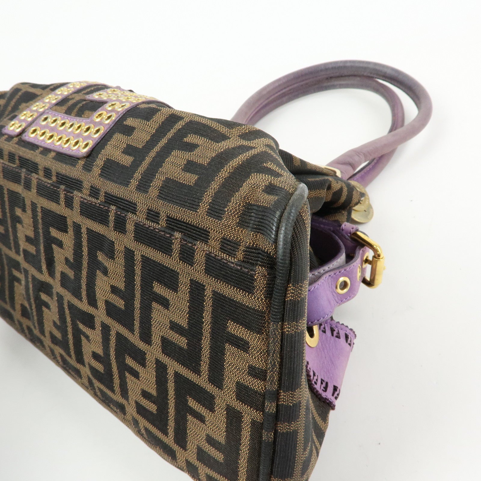 FENDI Ethnico Zucca Canvas Leather Shoulder Bag Brown Purple 8BN157
