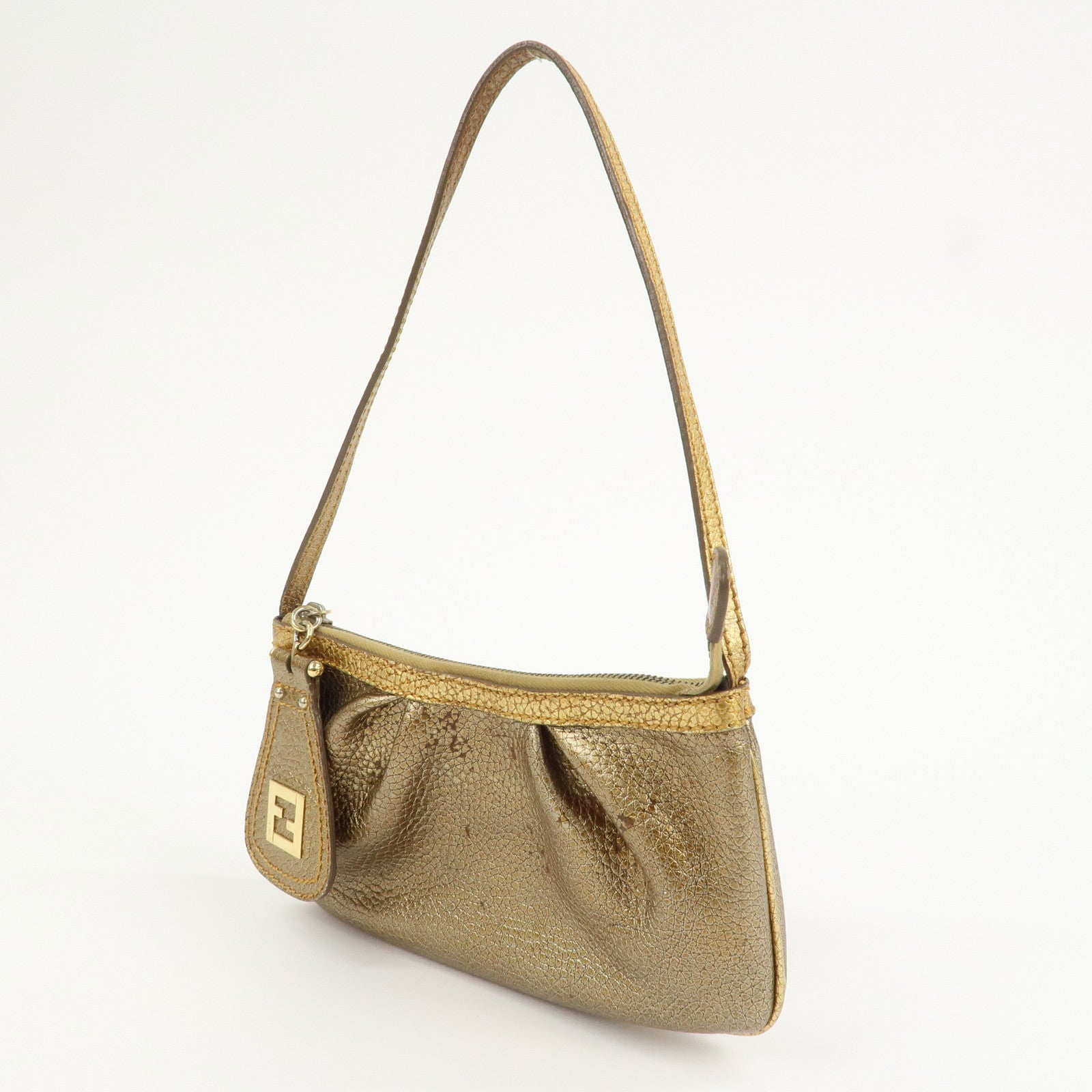 FENDI Leather Accessory Pouch Hand Bag Shoulder Bag Gold 8BR566