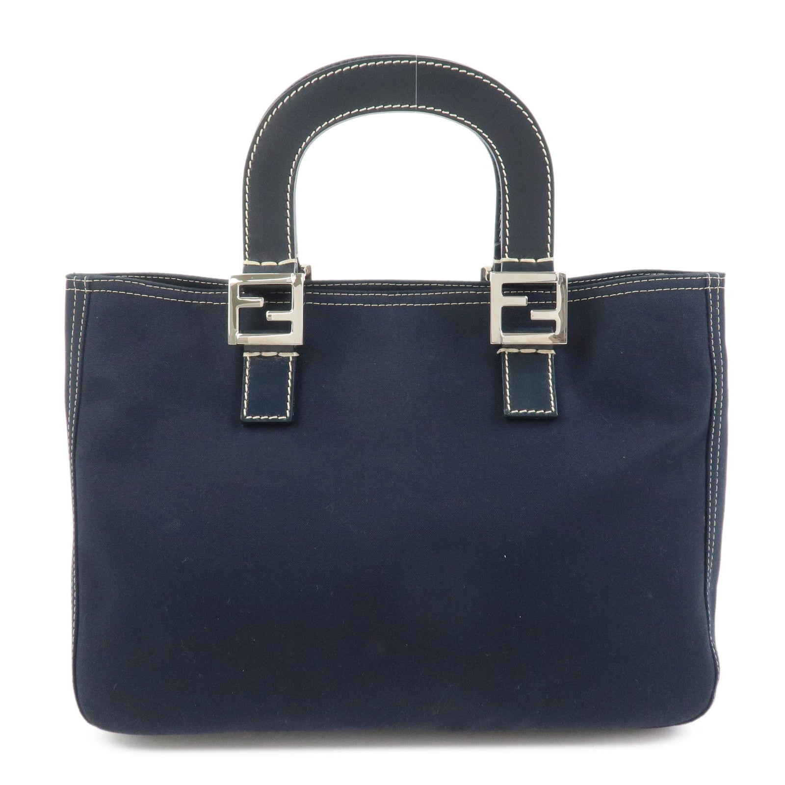 FENDI Canvas Leather Hand Bag Tote Bag Navy 26693