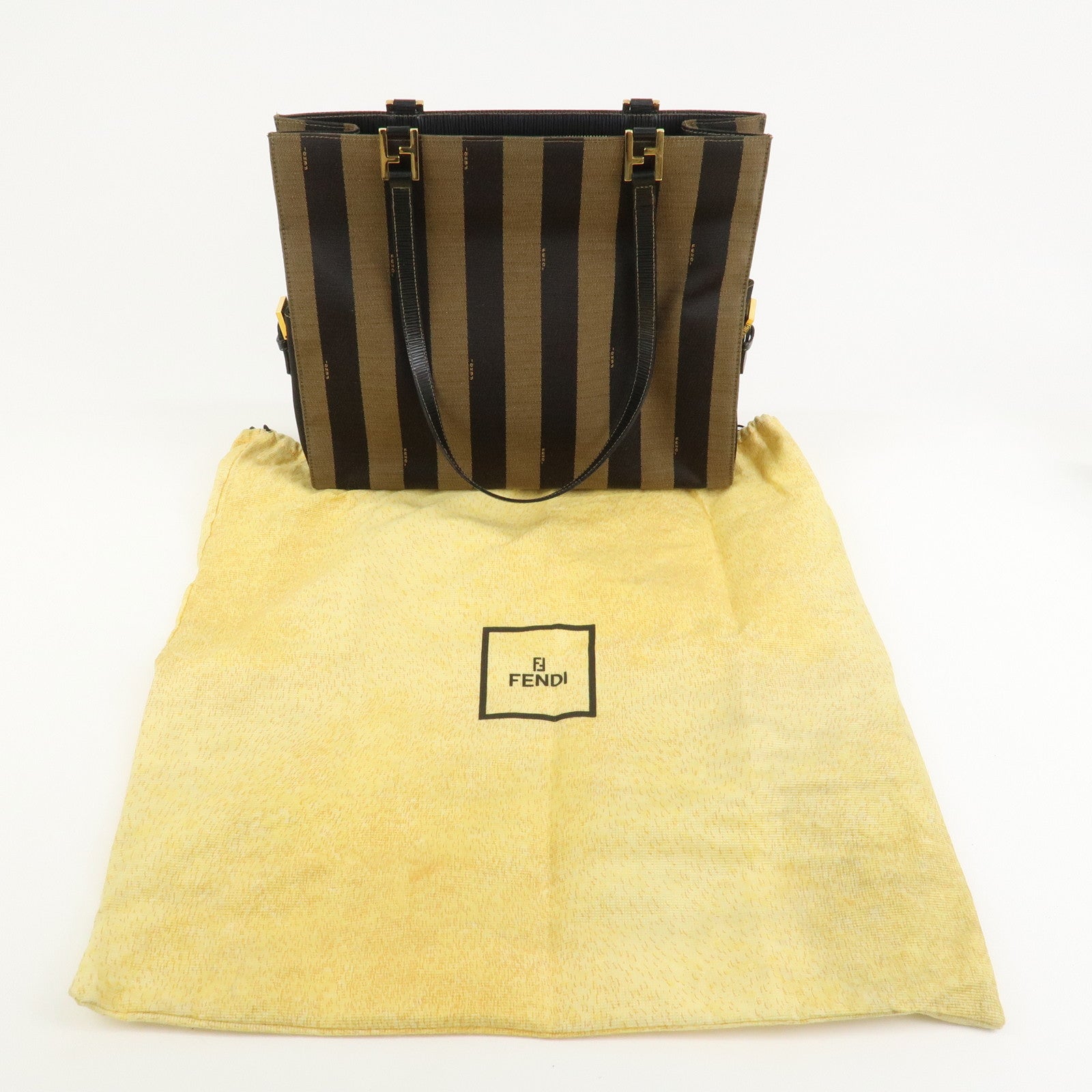 FENDI Pequin Canvas Leather Tote Bag Shoulder Bag Black Brown 26397