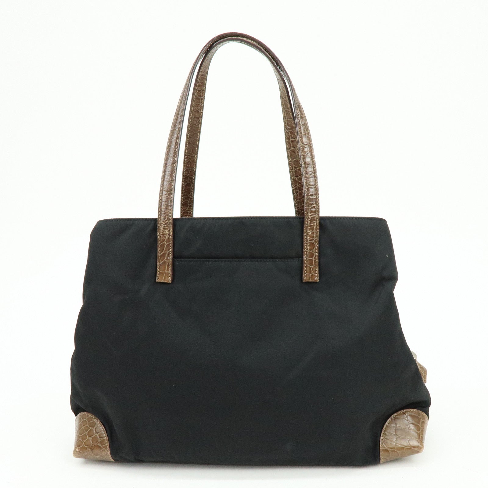 PRADA Triangle Logo Nylon Embossed Leather Tote Bag Black Brown