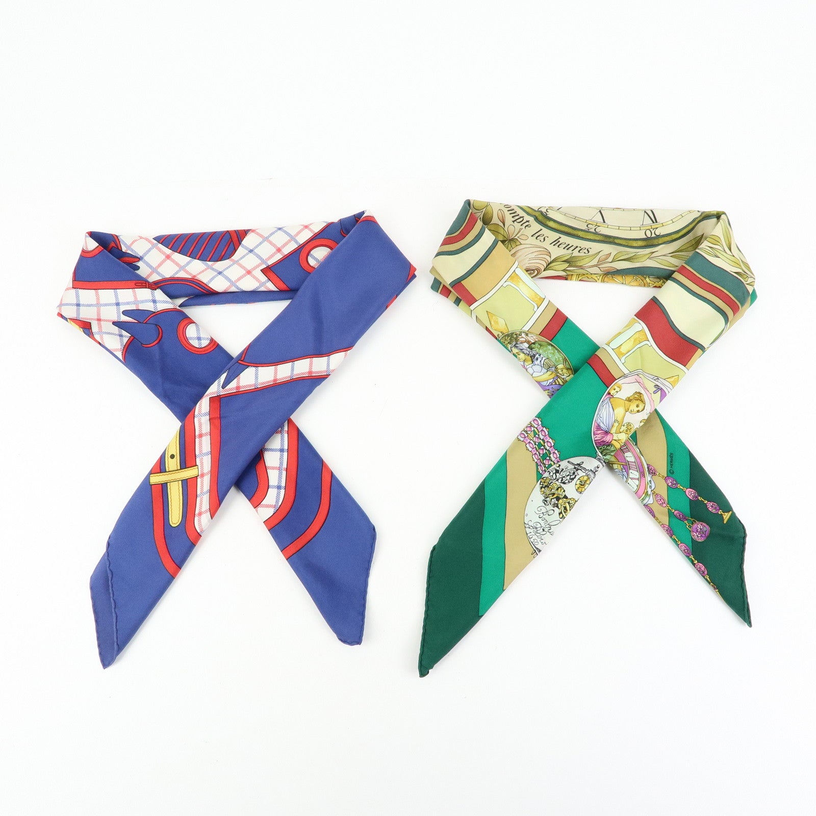 HERMES Carre 90 Set of 2 Silk 100% Scarf Navy Green