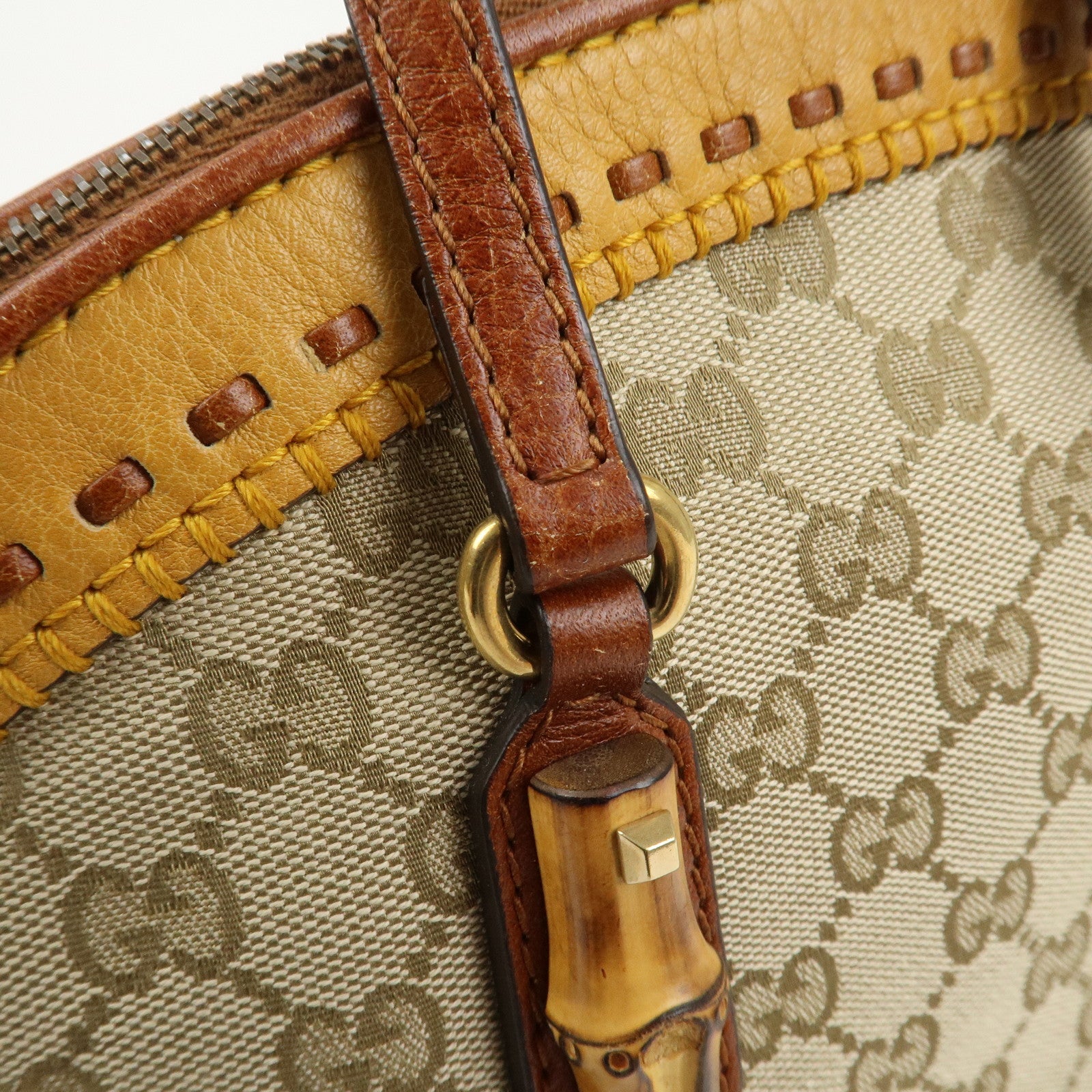 GUCCI Bamboo GG Canvas Leather Crafty Tote Bag Brown 339002
