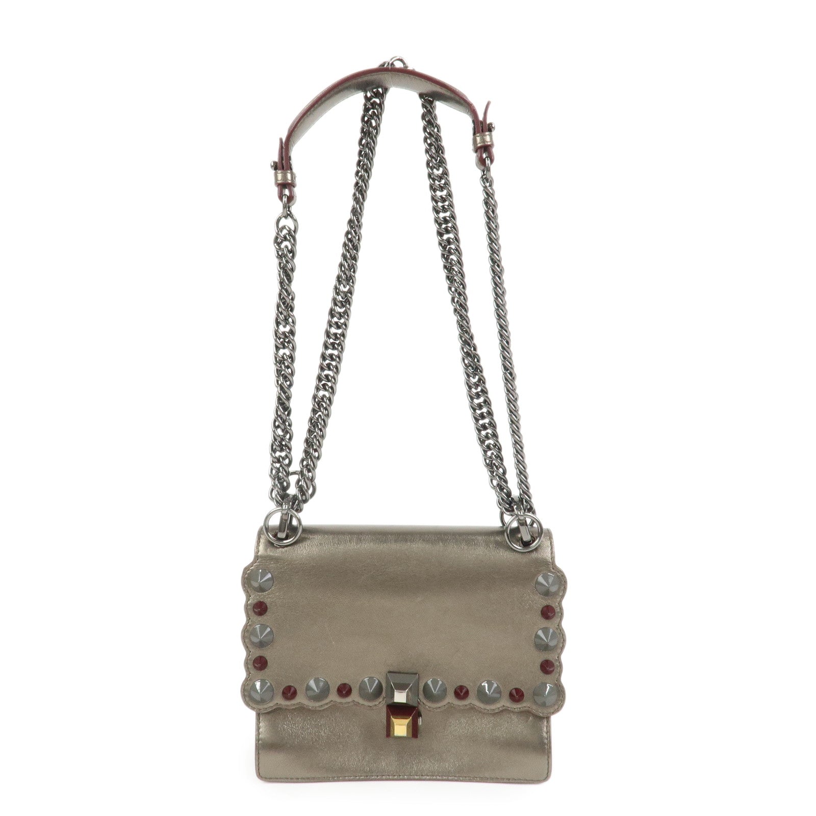 FENDI Mini Kan I Leather Chain Shoulder Bag Metallic Gray 8M0381