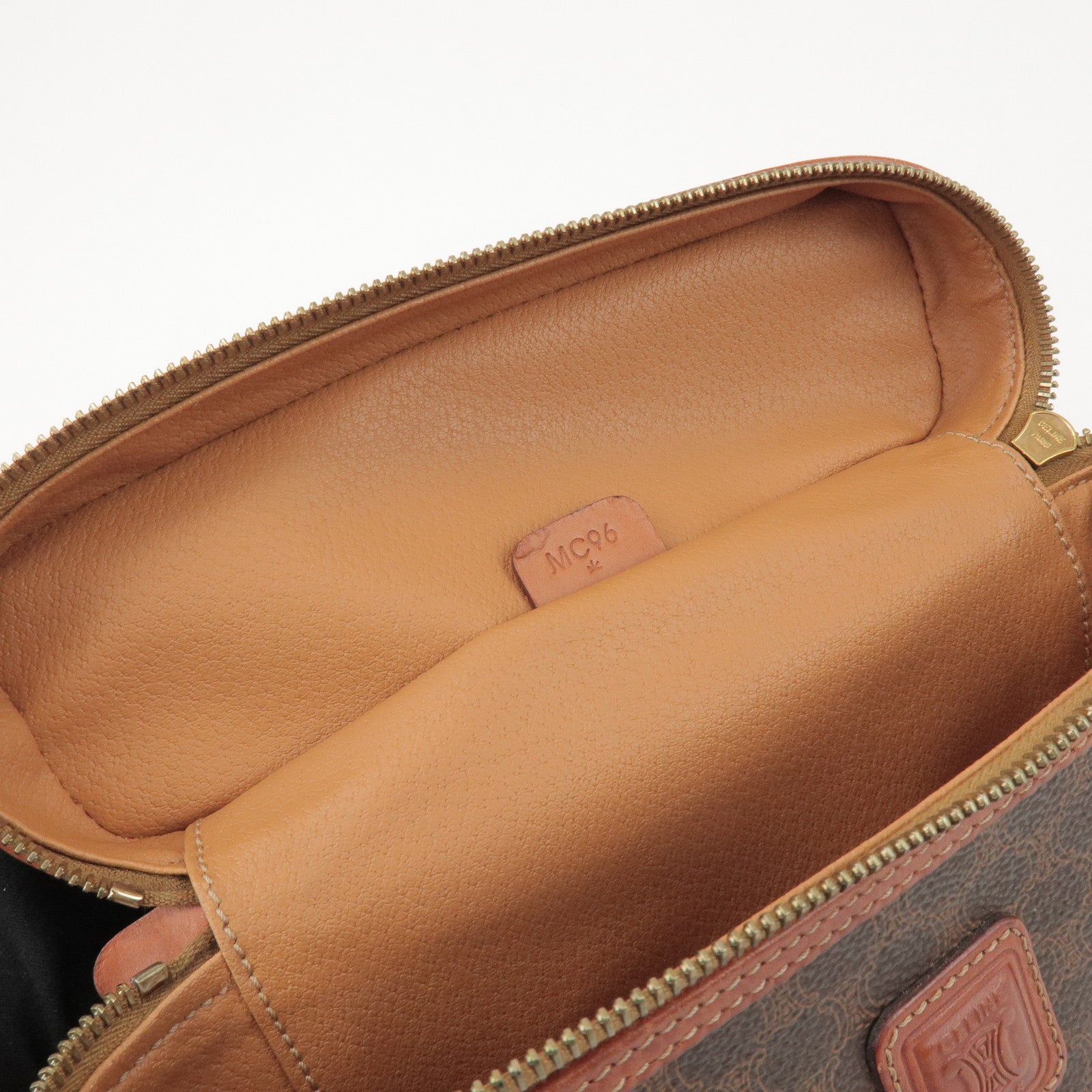 CELINE Macadam PVC Coated Canvas Leather Hand Bag Vanity Bag Brown