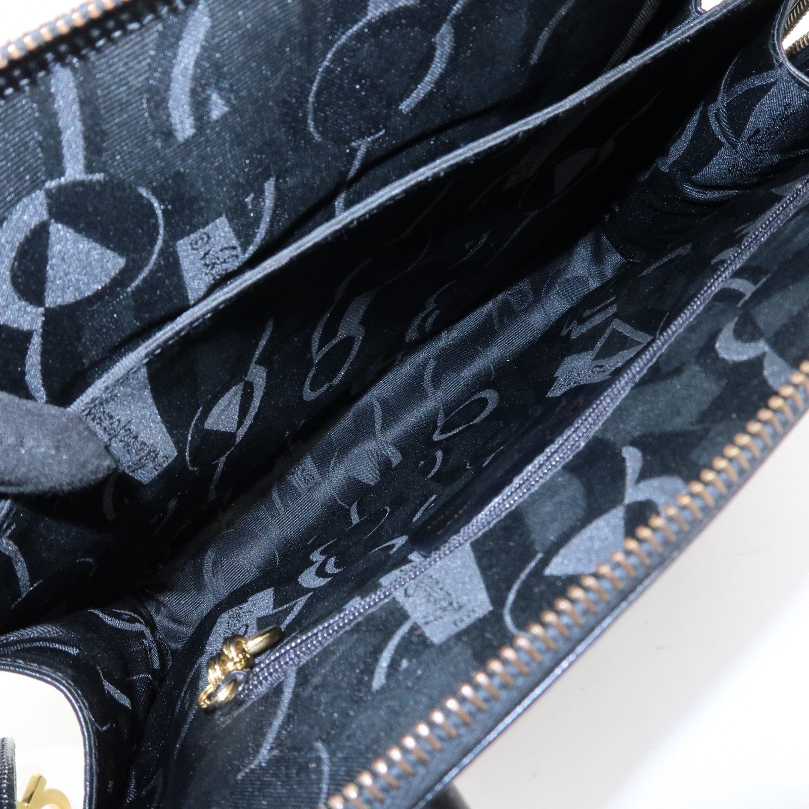 Ferragamo Leather 2Way Hand Shoulder Bag Black Gold HDW AK5644 Used