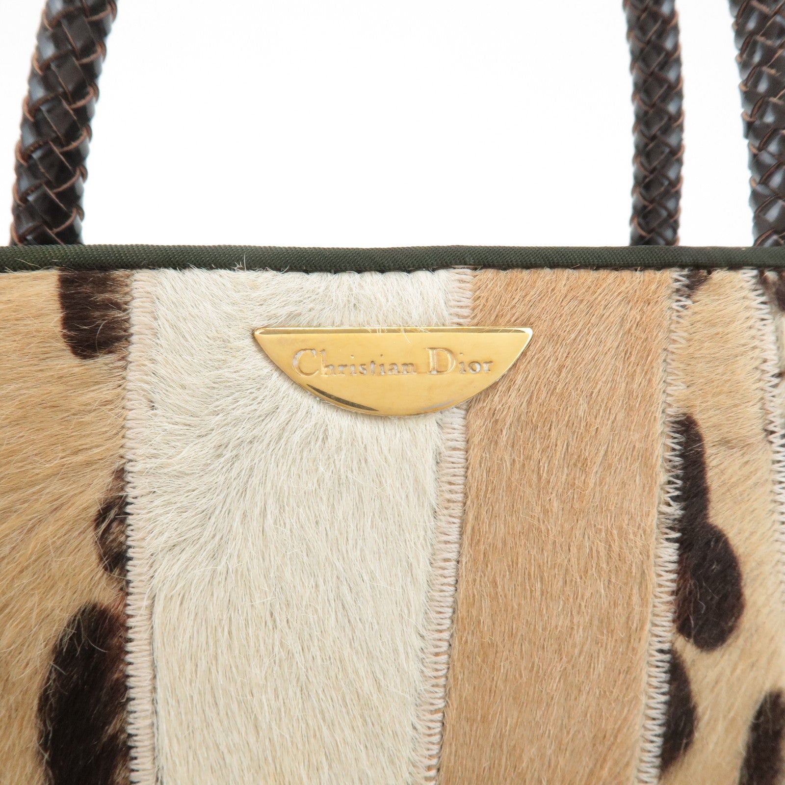 Christian Dior Leather Unborn Calf Tote Bag Leopard Beige Brown Used