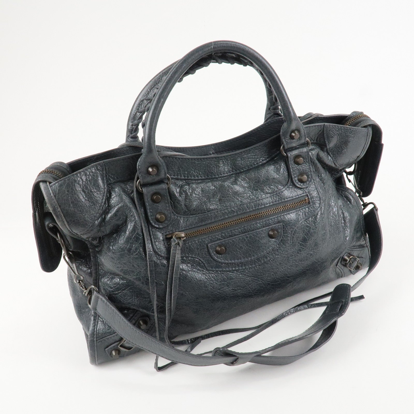 BALENCIAGA The City Leather 2Way Hand Bag Dark Gray 115748 Used