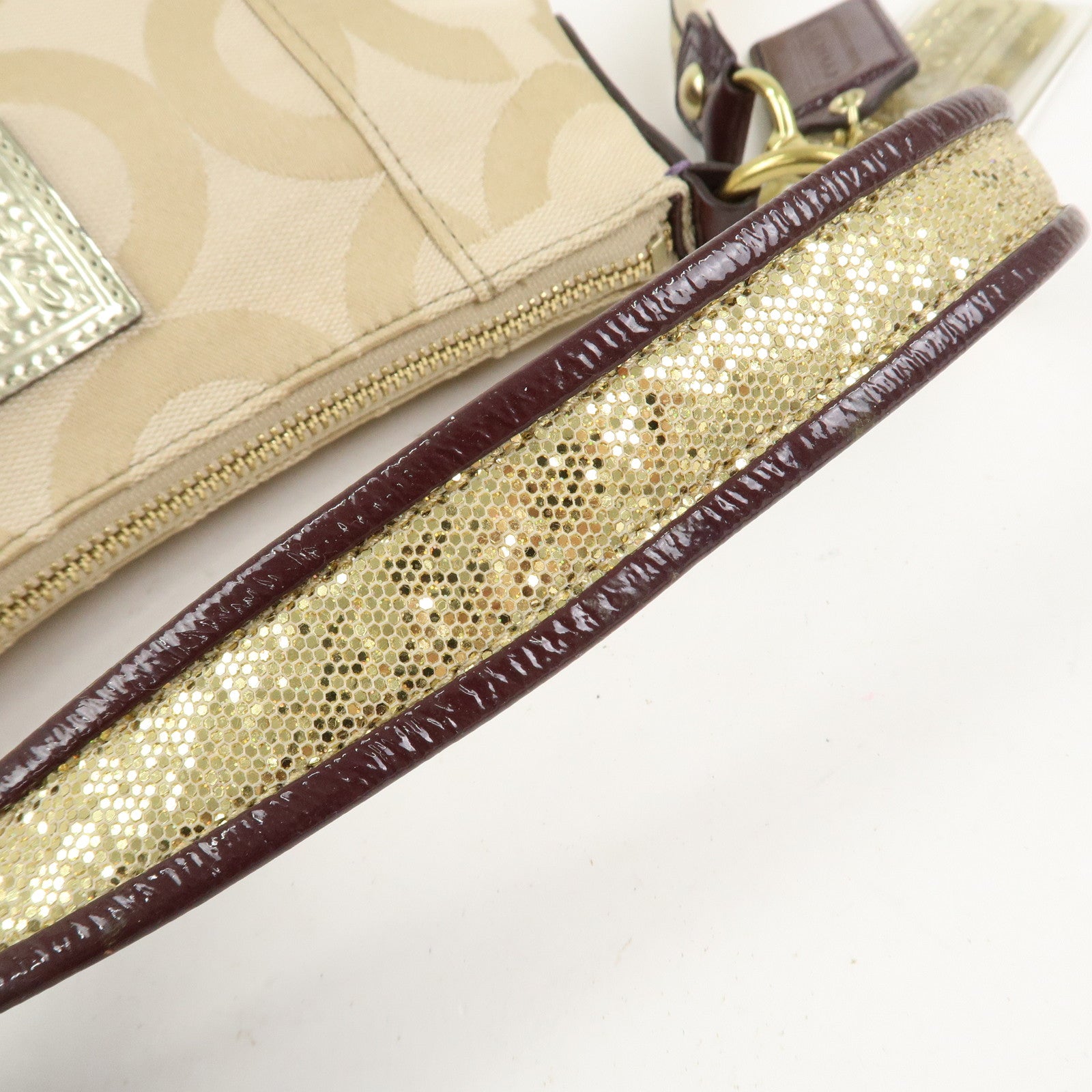 COACH POPPY Canvas Patent Leather 2Way Shoulder Bag Hand Bag Beige