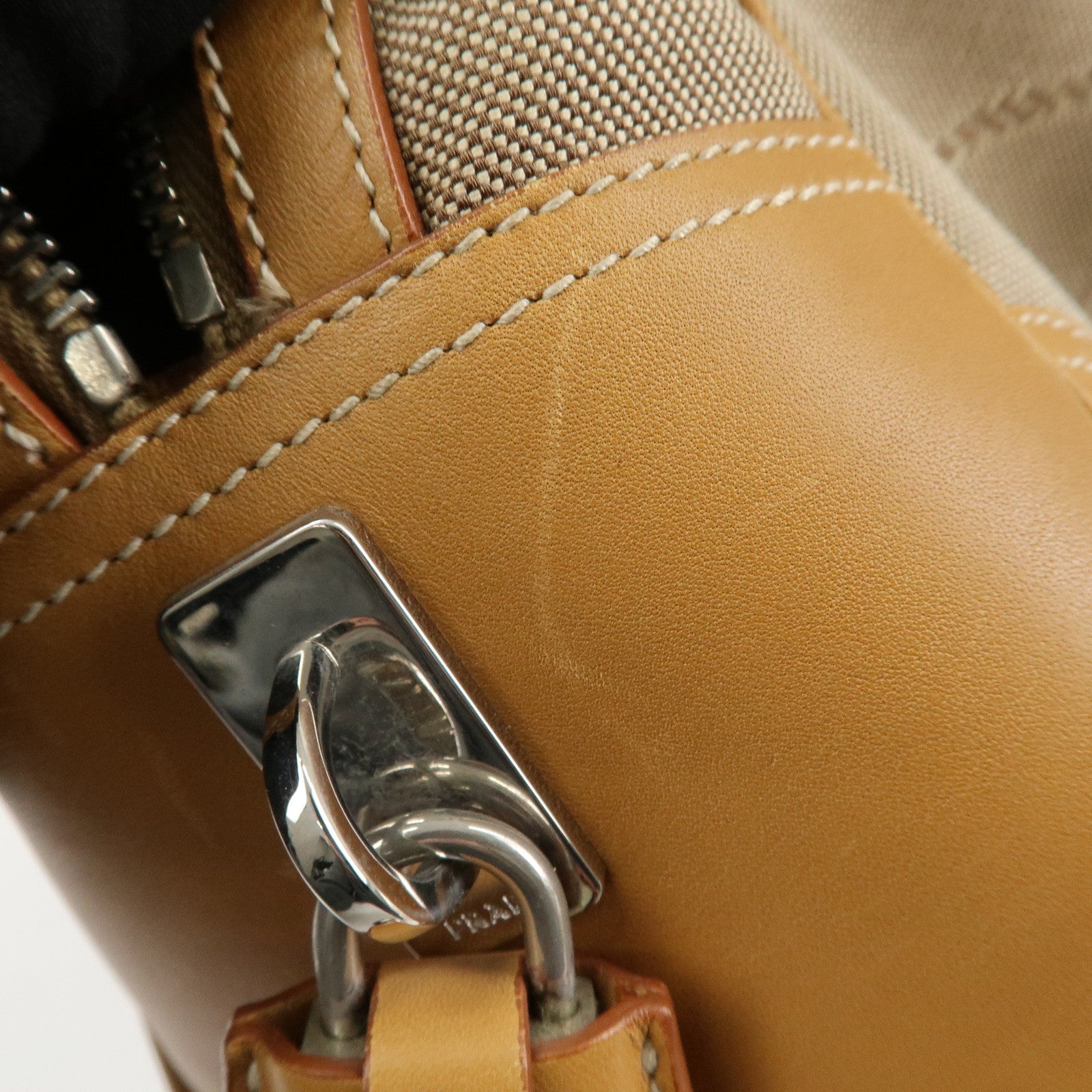 PRADA Logo Jacquard Leather Boston Bag Shoulder Bag Beige Used