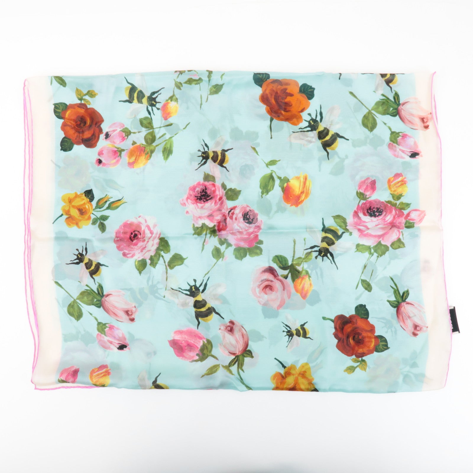GUCCI Silk 100% 64 ×192 Floral Honey Bee Print Scarf Blue