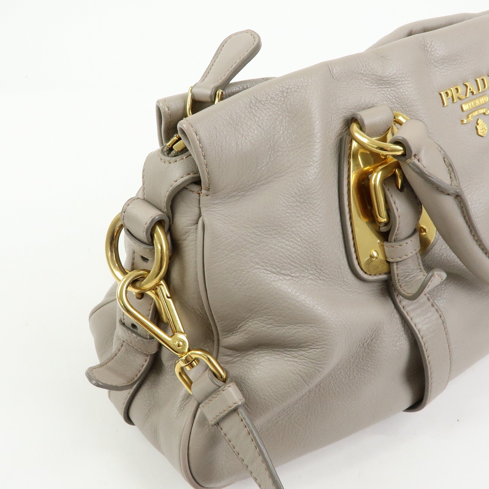 PRADA Logo Leather 2Way Bag Hand Bag Shoulder Bag Greige