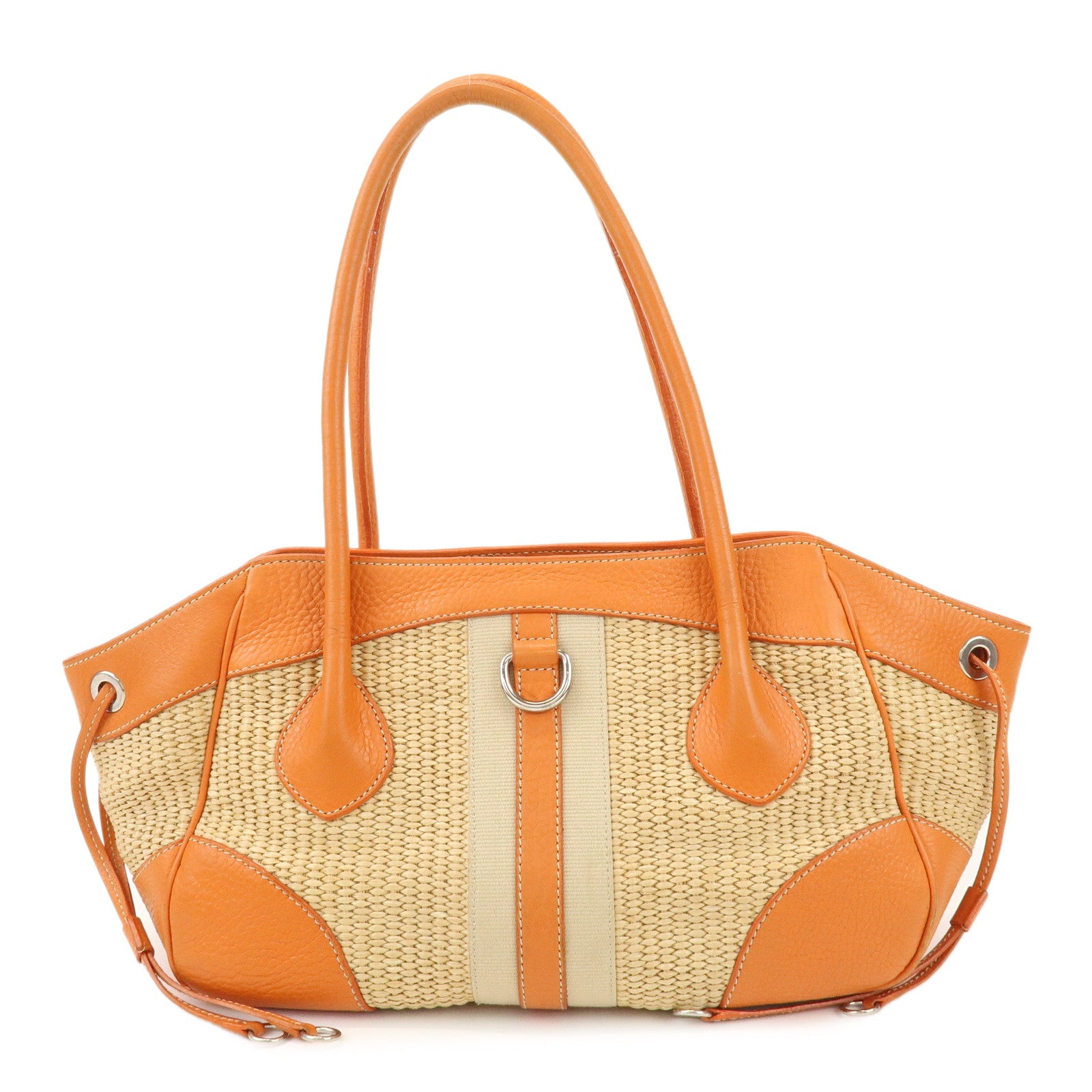 PRADA Triangle Logo Raffia Leather Shoulder Bag Natural Orange
