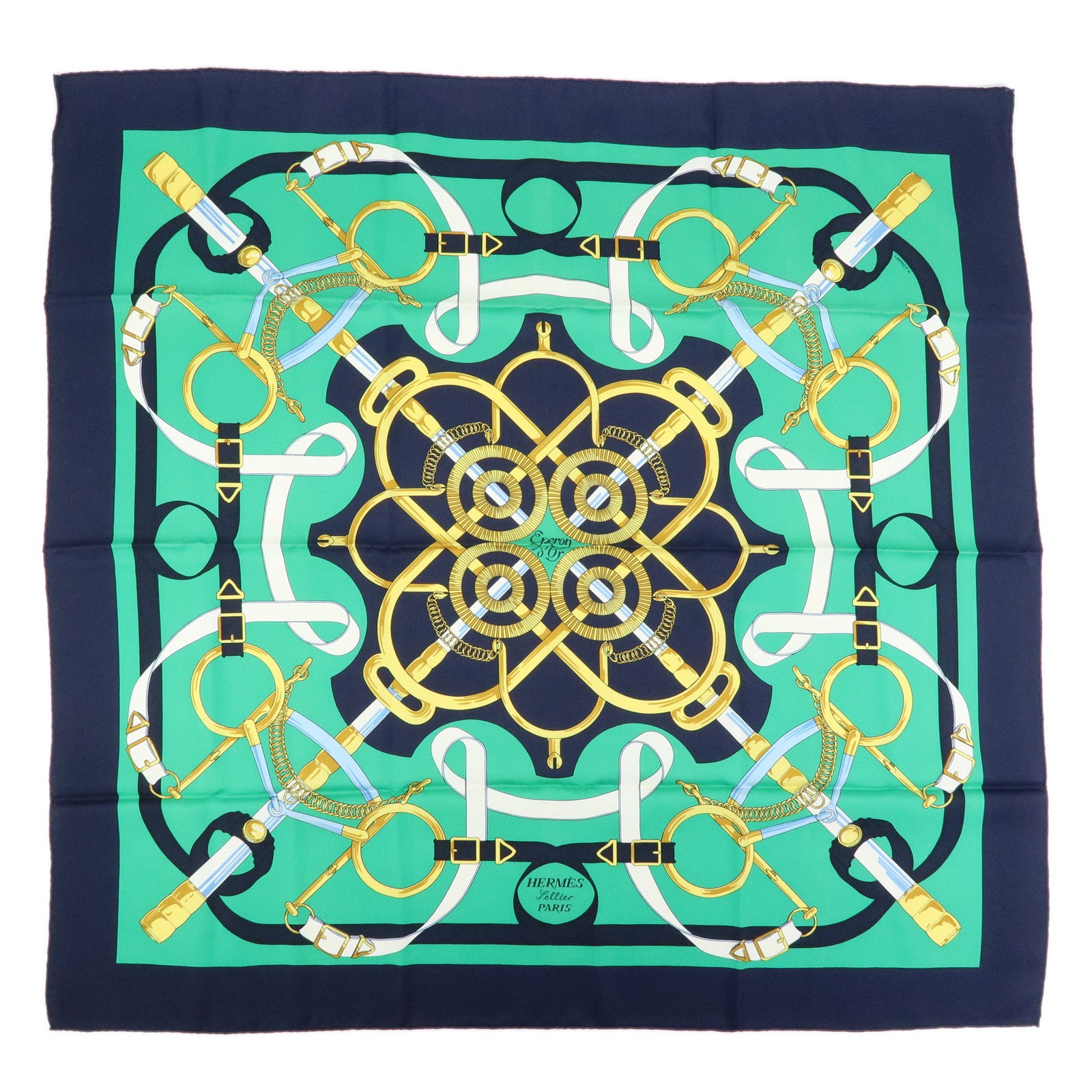 HERMES Carre 90 Silk 100% Scarf Eperon d'or Navy Green Gold
