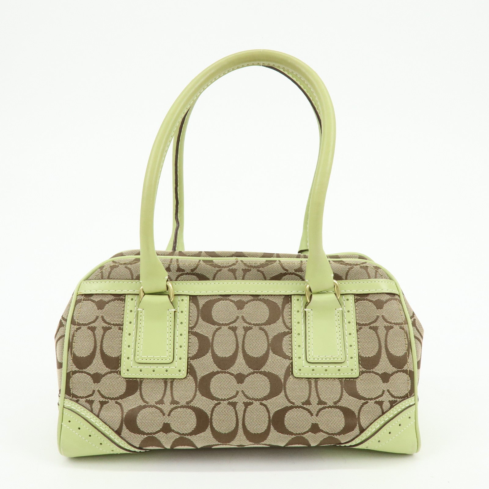 COACH Signature Canvas Leather Boston Hand Bag Light Brown Green