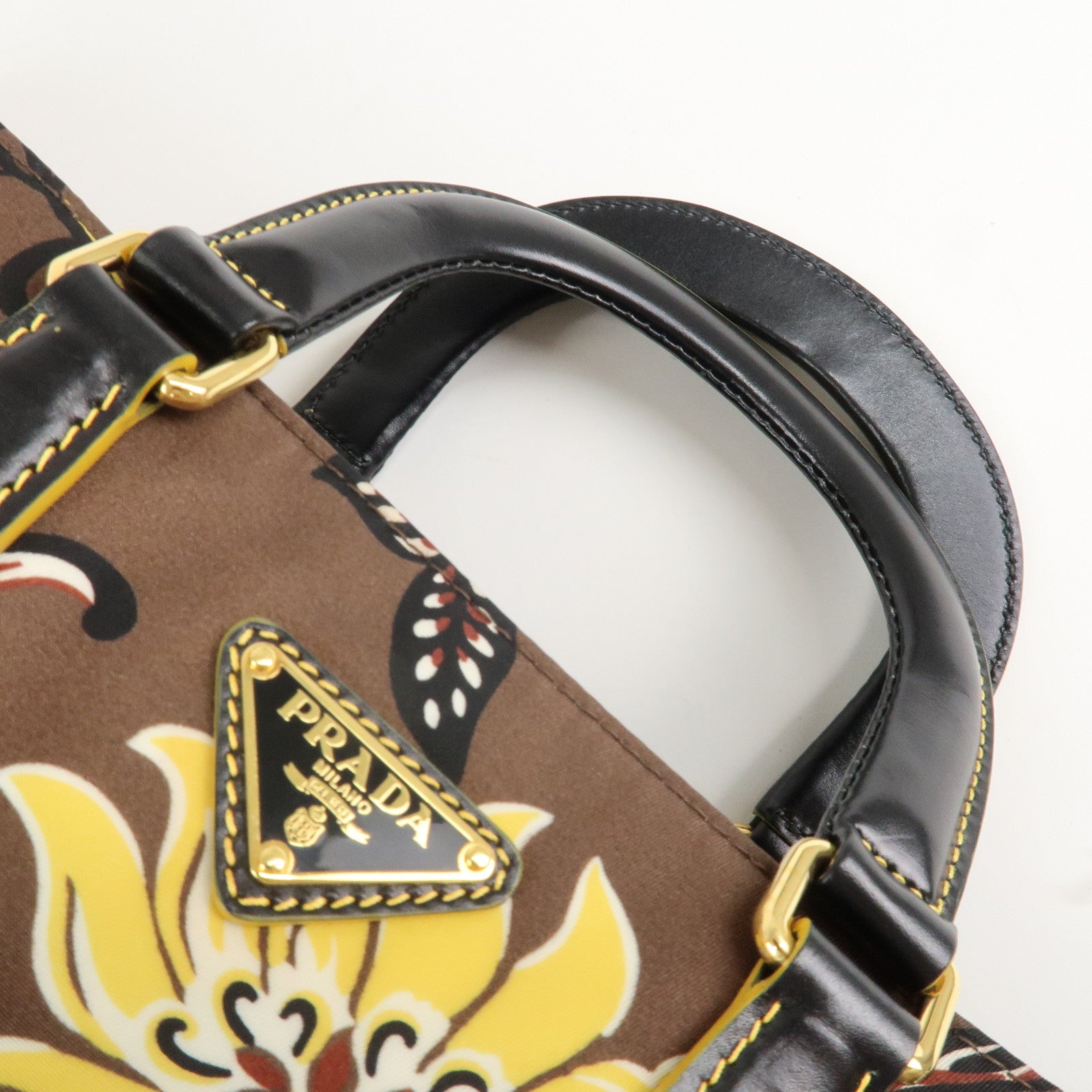 PRADA Triangle Logo Nylon Leather 2Way Bag Shoulder Bag Hand Bag Floral Print Brown Yellow BN2741 Used