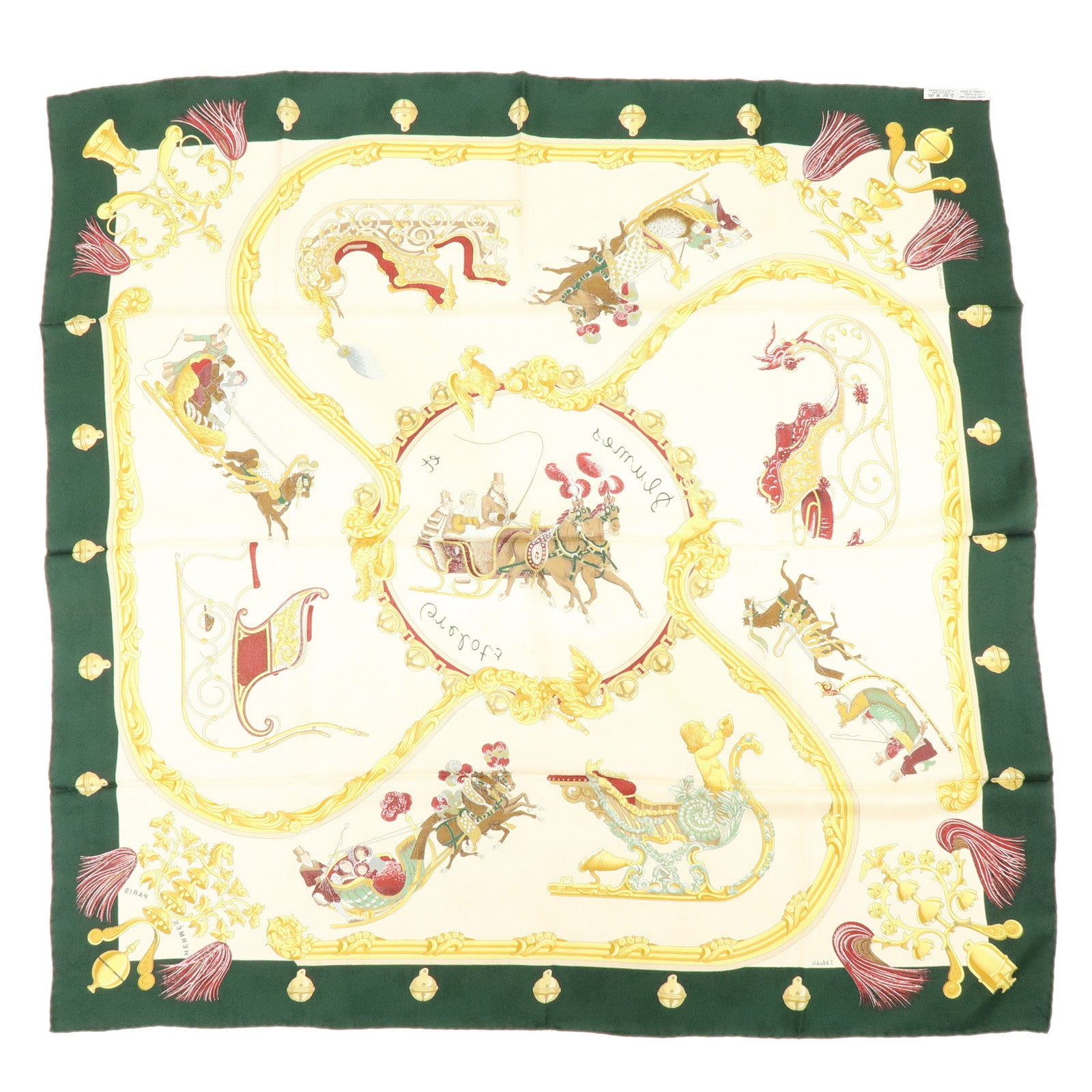 HERMES Carre 90 100% Silk Scarf Plumes et Grelots Moss Green Beige