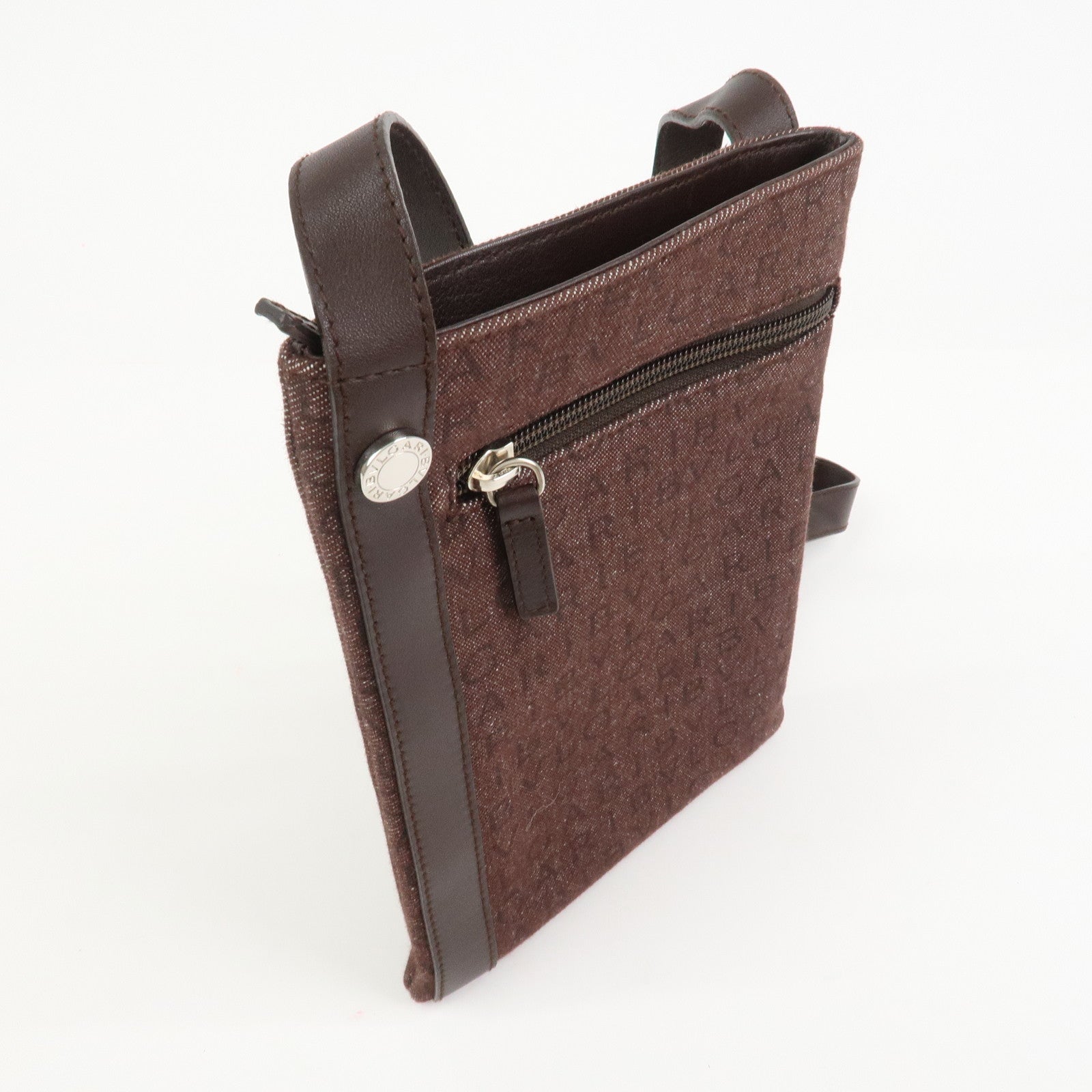 BVLGARI Logo Mania Canvas Leather Shoulder Bag Crossbody Bag Brown