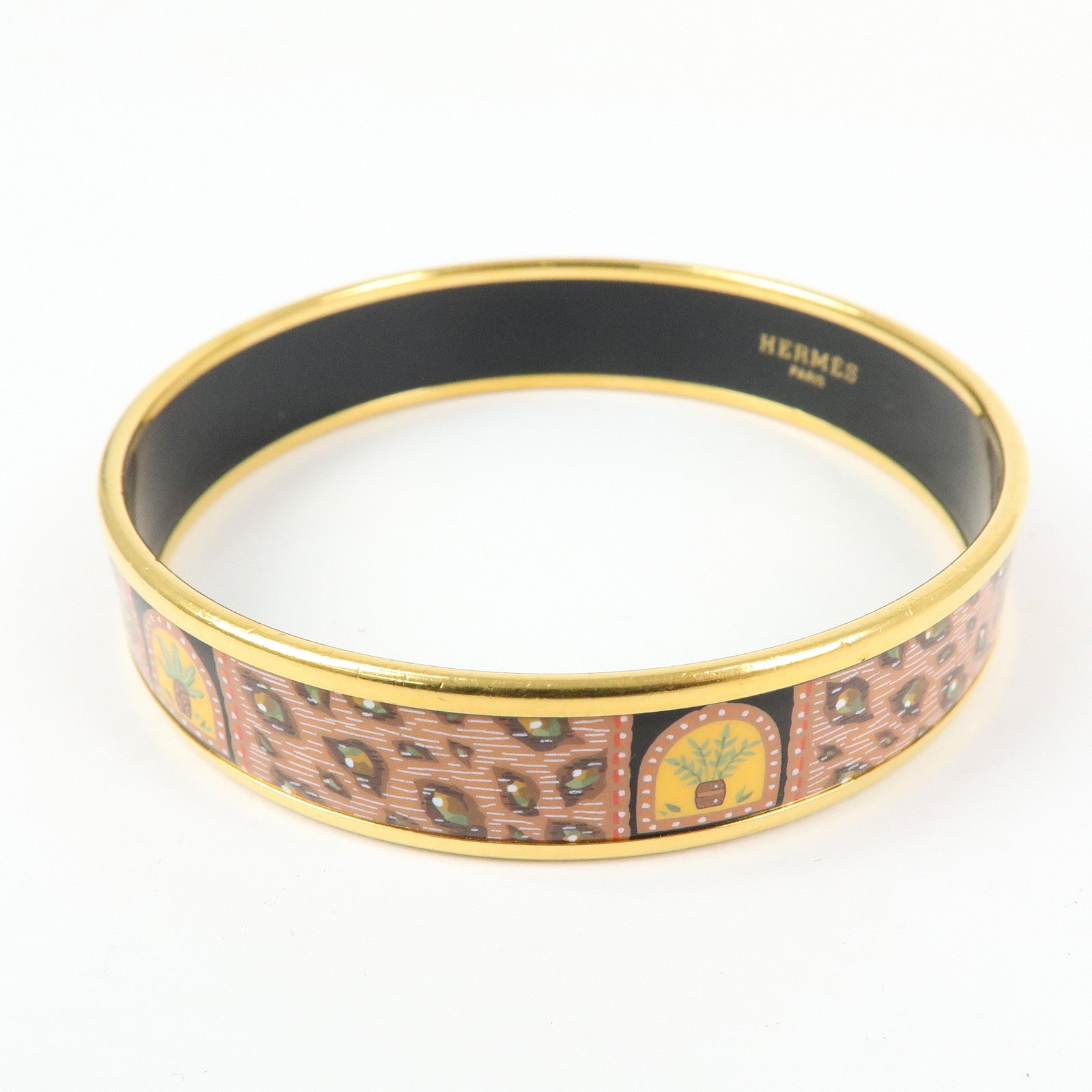 HERMES Email MM Gold Plated Bangle Bracelet Orange Gold