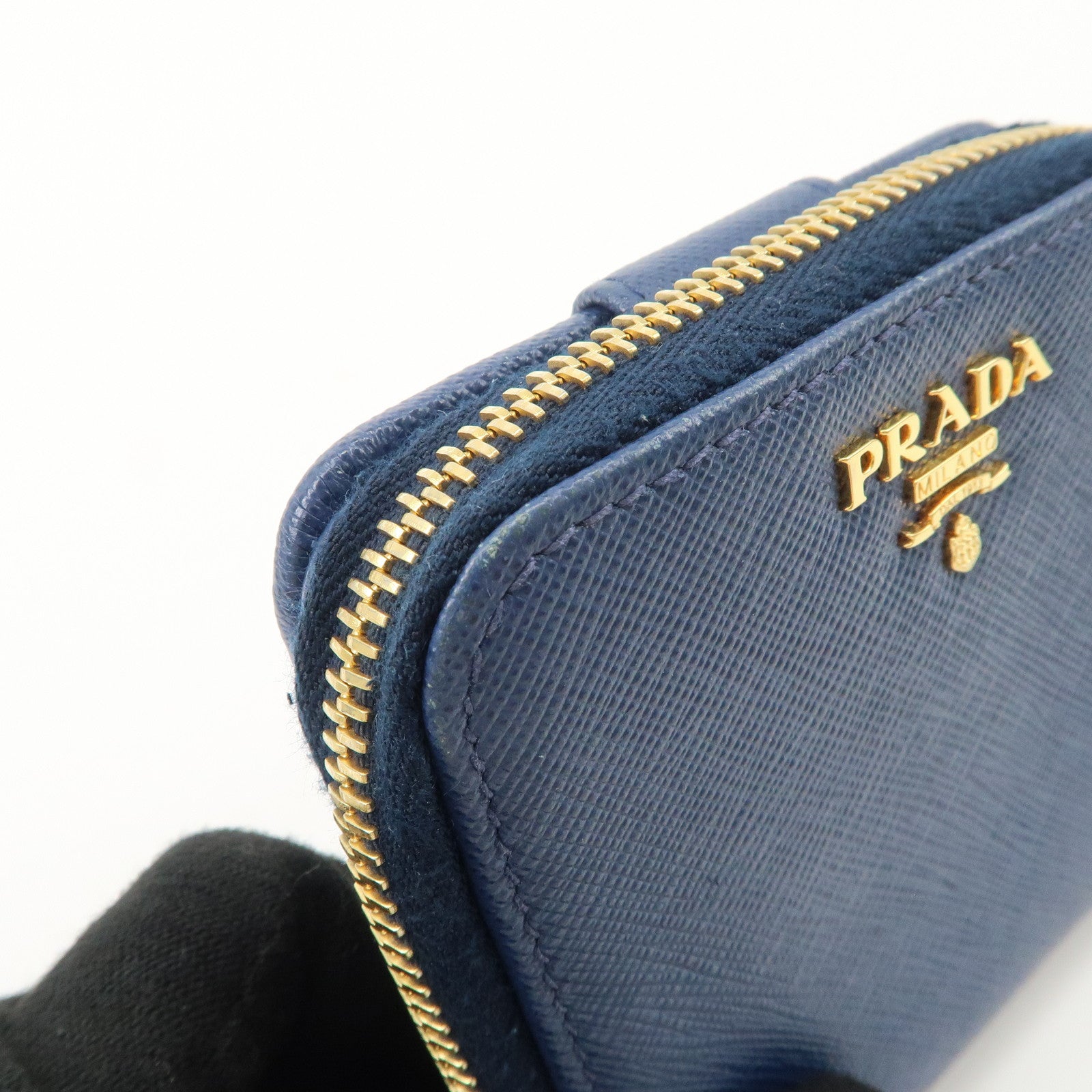 PRADA Logo Leather Round Zippy Bi-fold Wallet Blue 1ML522 Used