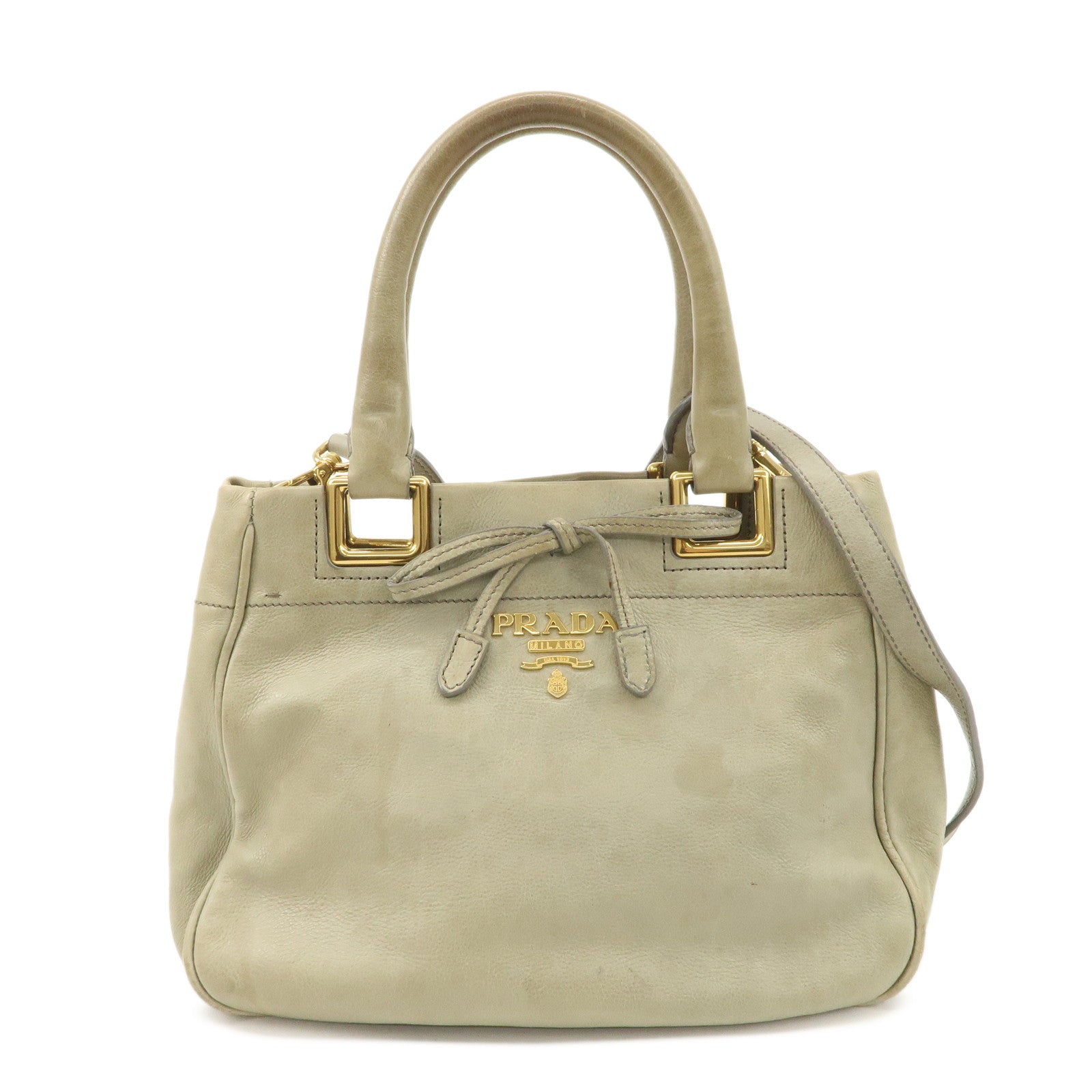 PRADA Logo Ribon Leather 2WAY Tote Bag Hand Bag Beige Gold HDW BN2245 Used