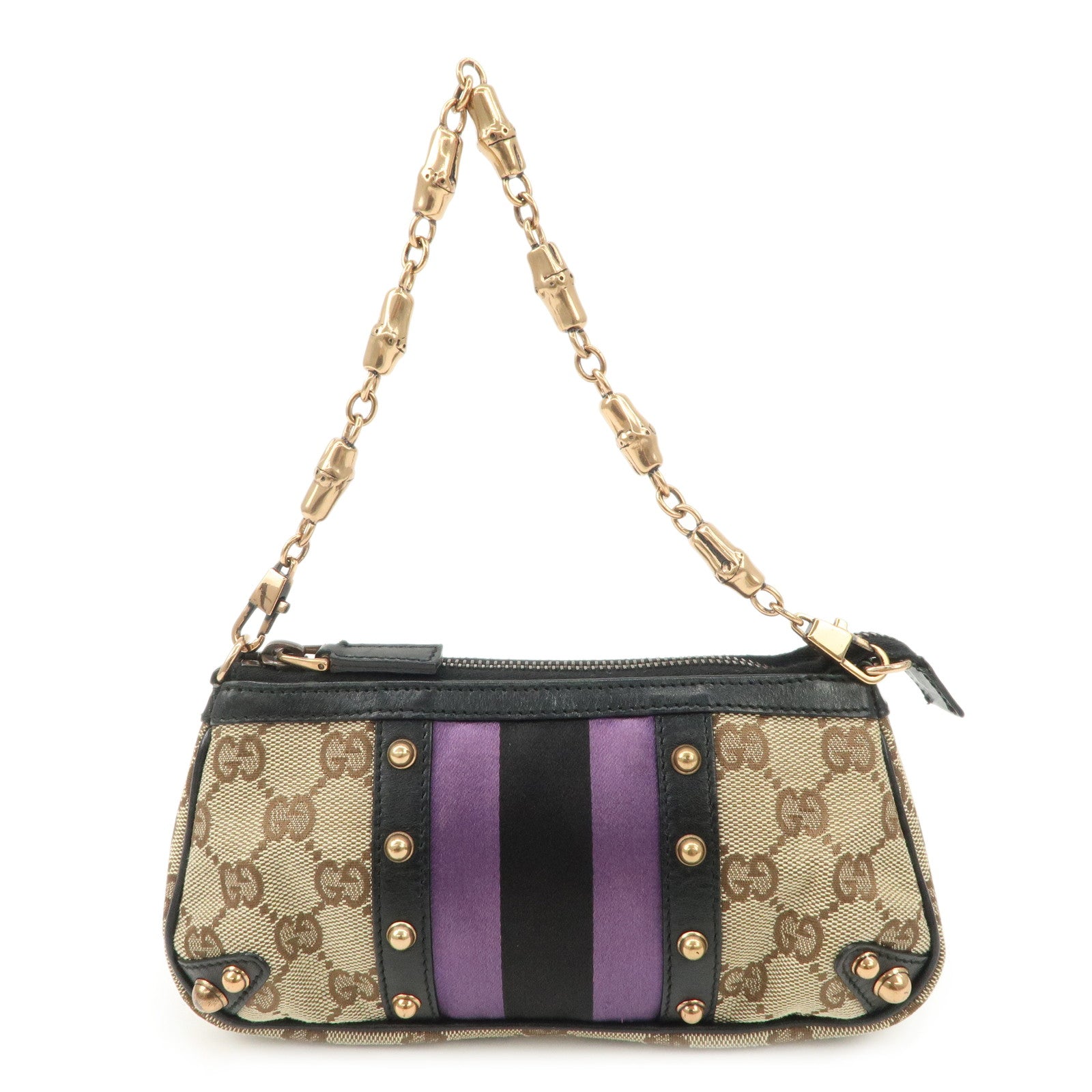 GUCCI Sherry Bamboo GG Canvas Leather Chain Bag Black Purple 129423 Used