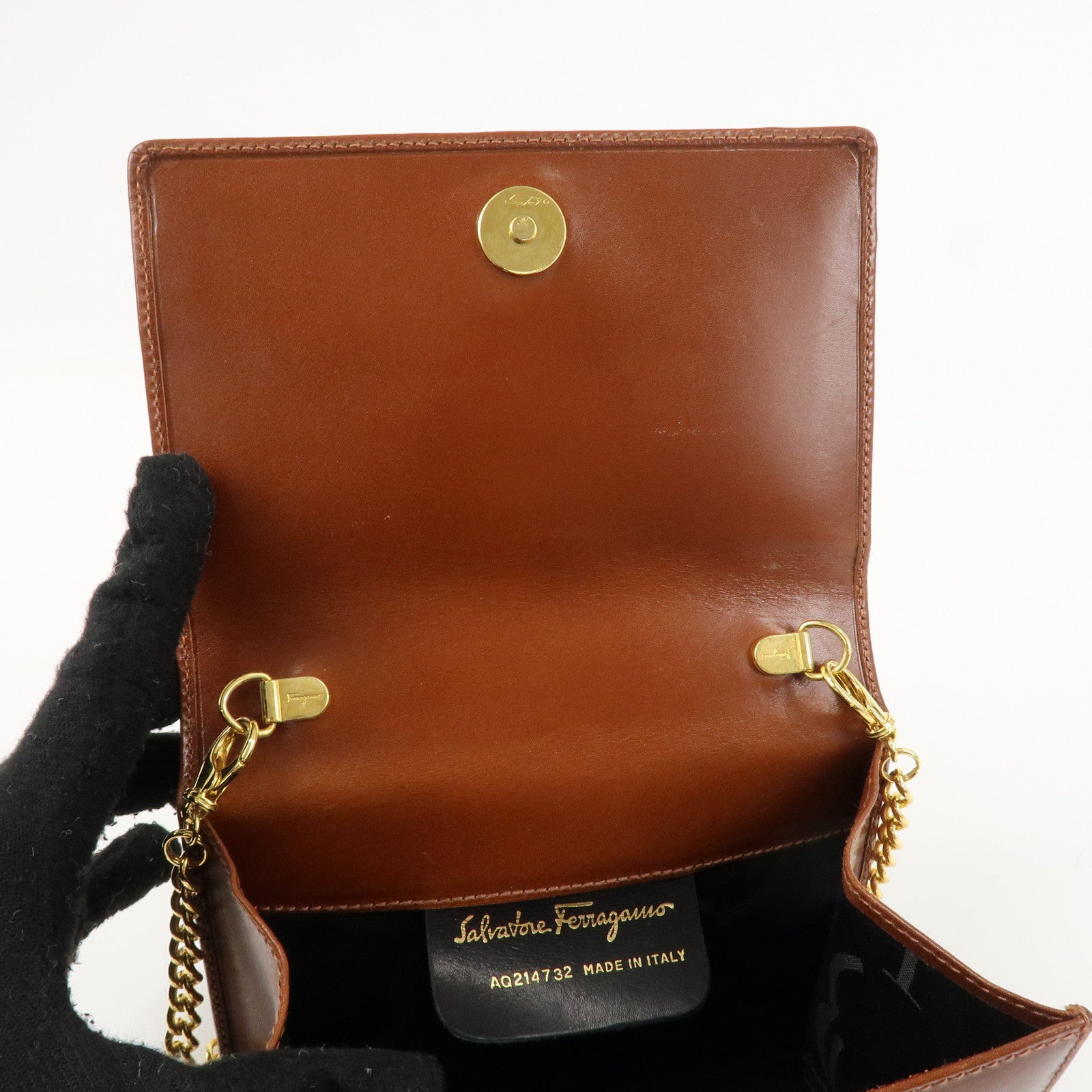 Ferragamo Gancini Leather Chain Shoulder Bag Brown Gold HDW Used