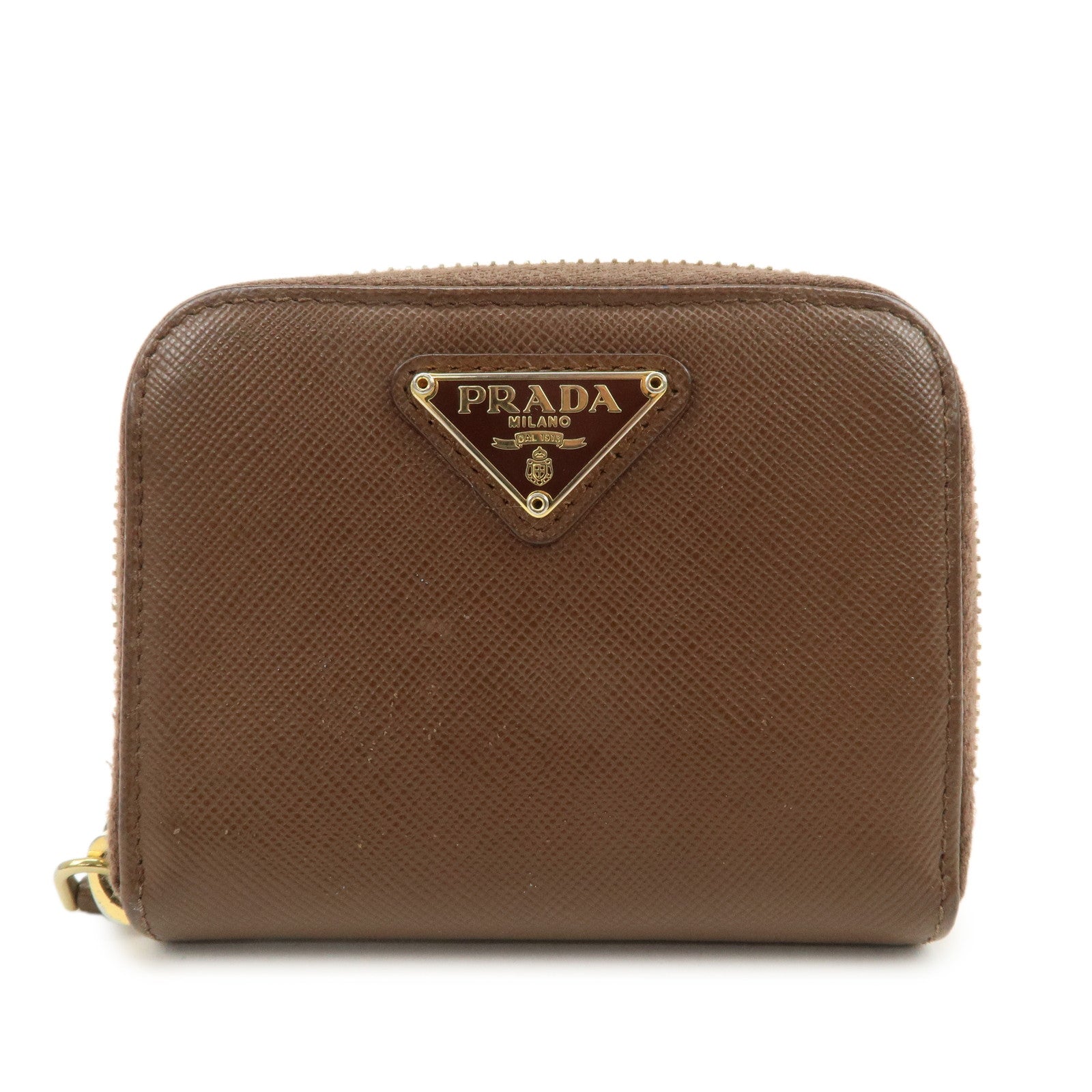 PRADA Triangle Logo Saffiano Leather Coin Case Coin Purse Brown