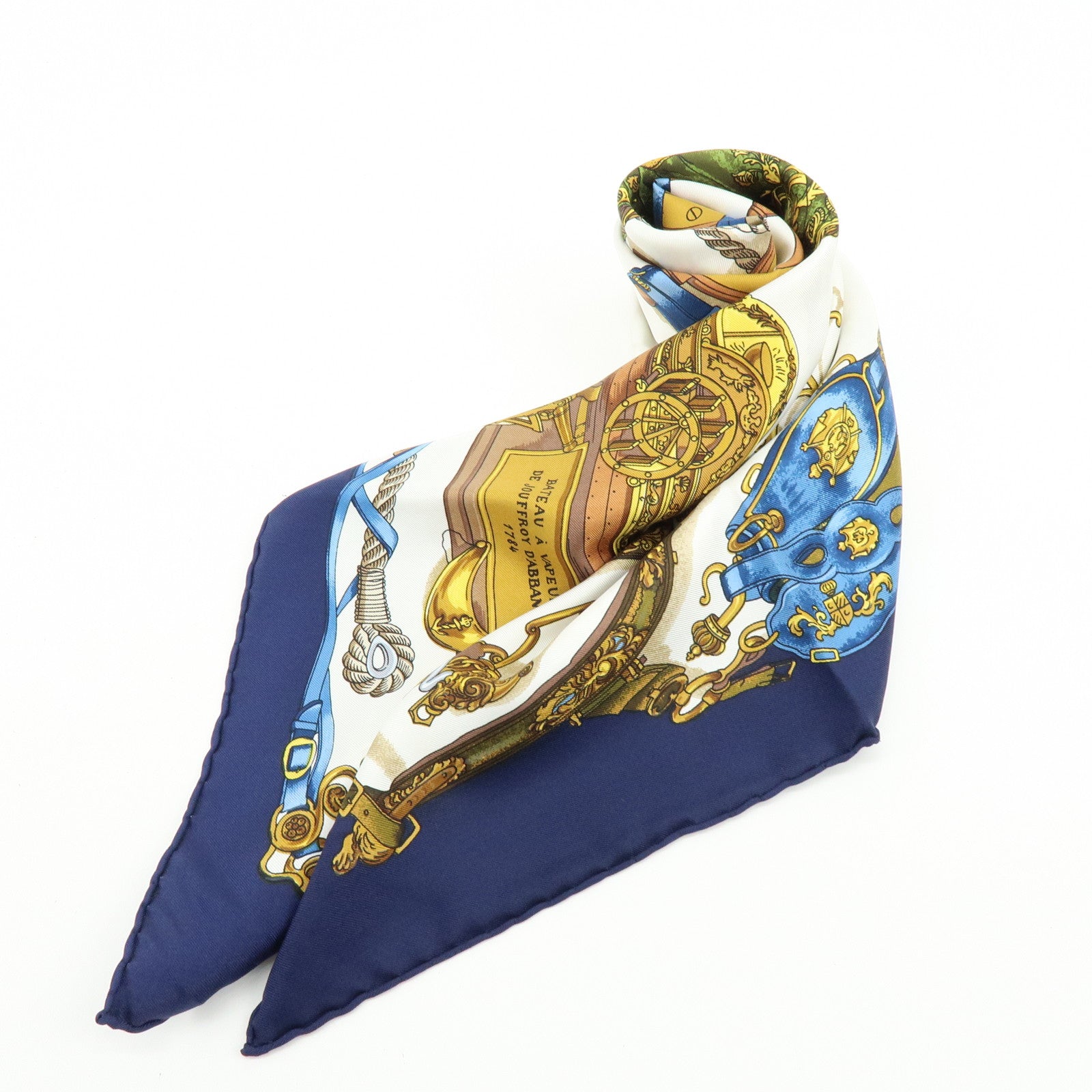 HERMES Carre 90 Silk 100% Scarf MUSEE Navy Ivory