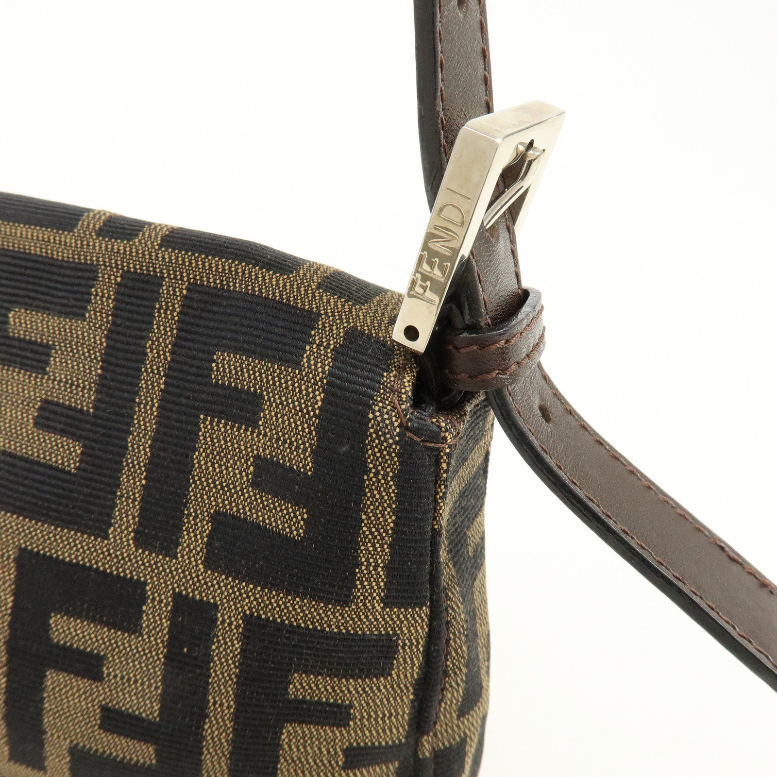 FENDI Mamma Baguette Zucca Canvas Leather Shoulder Bag Brown 8BR000