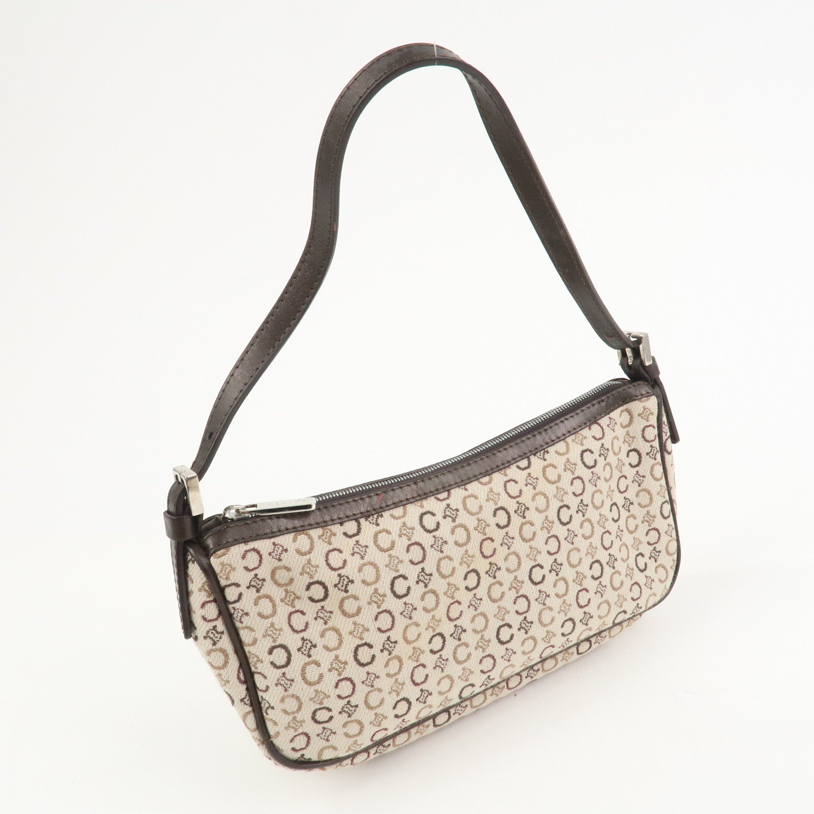 CELINE C Macadam Jacquard Leather Hand Shoulder Bag Beige Brown
