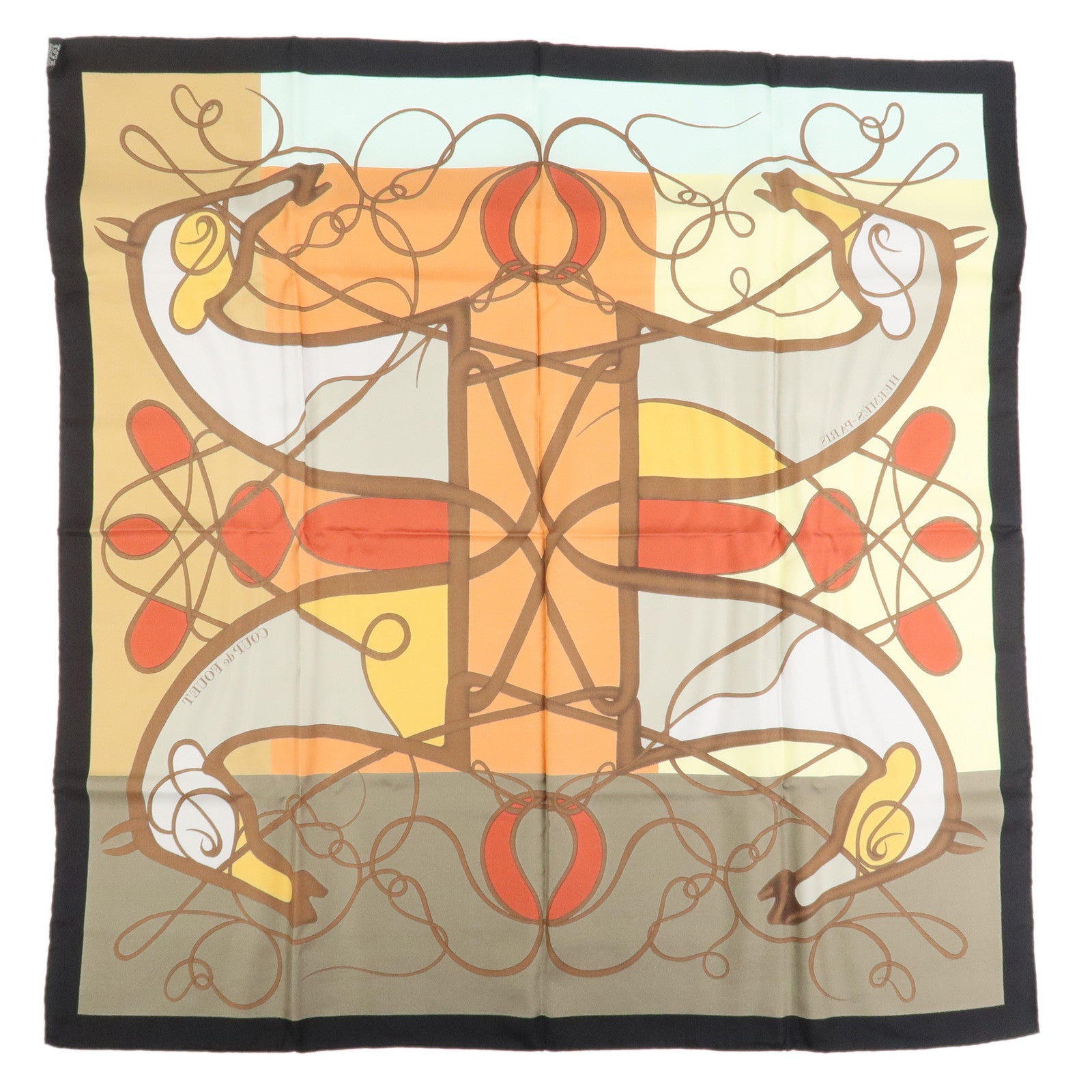 HERMES Carre 90 Silk 100% Coup de Fouet Scarf Black Multicolor