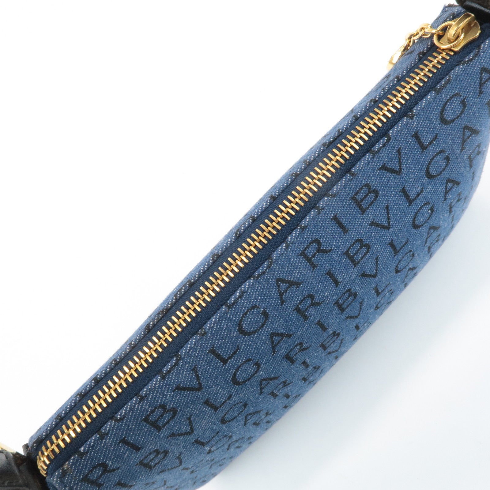 BVLGARI Logo Mania Denim Shoulder Bag Black Navy Blue Used