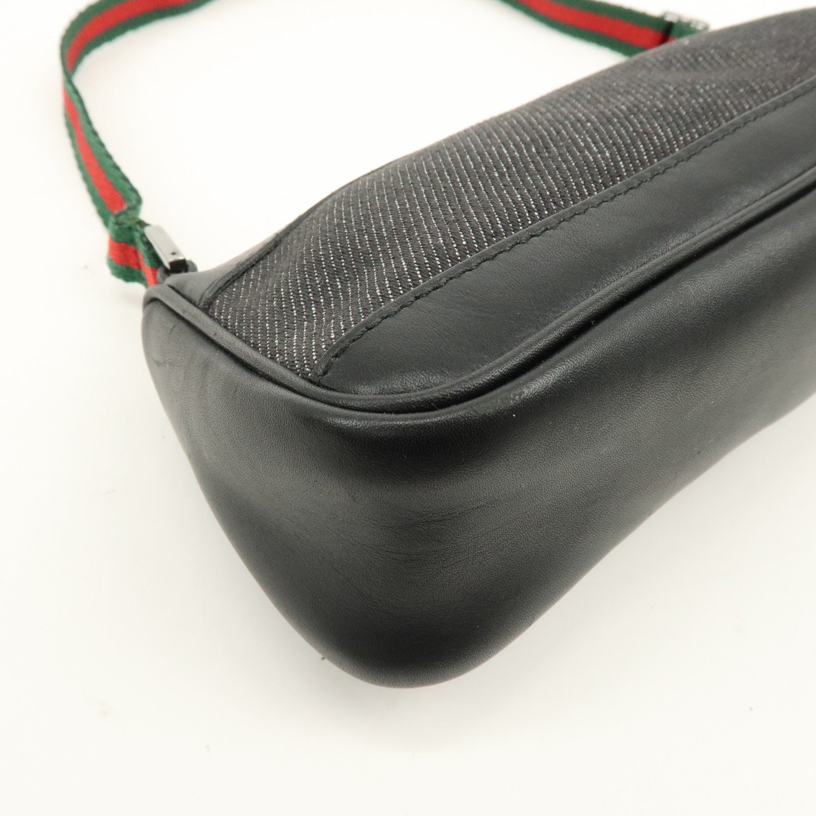 GUCCI Sherry Denim Leather Accessory Pouch Hand Bag Black 92820