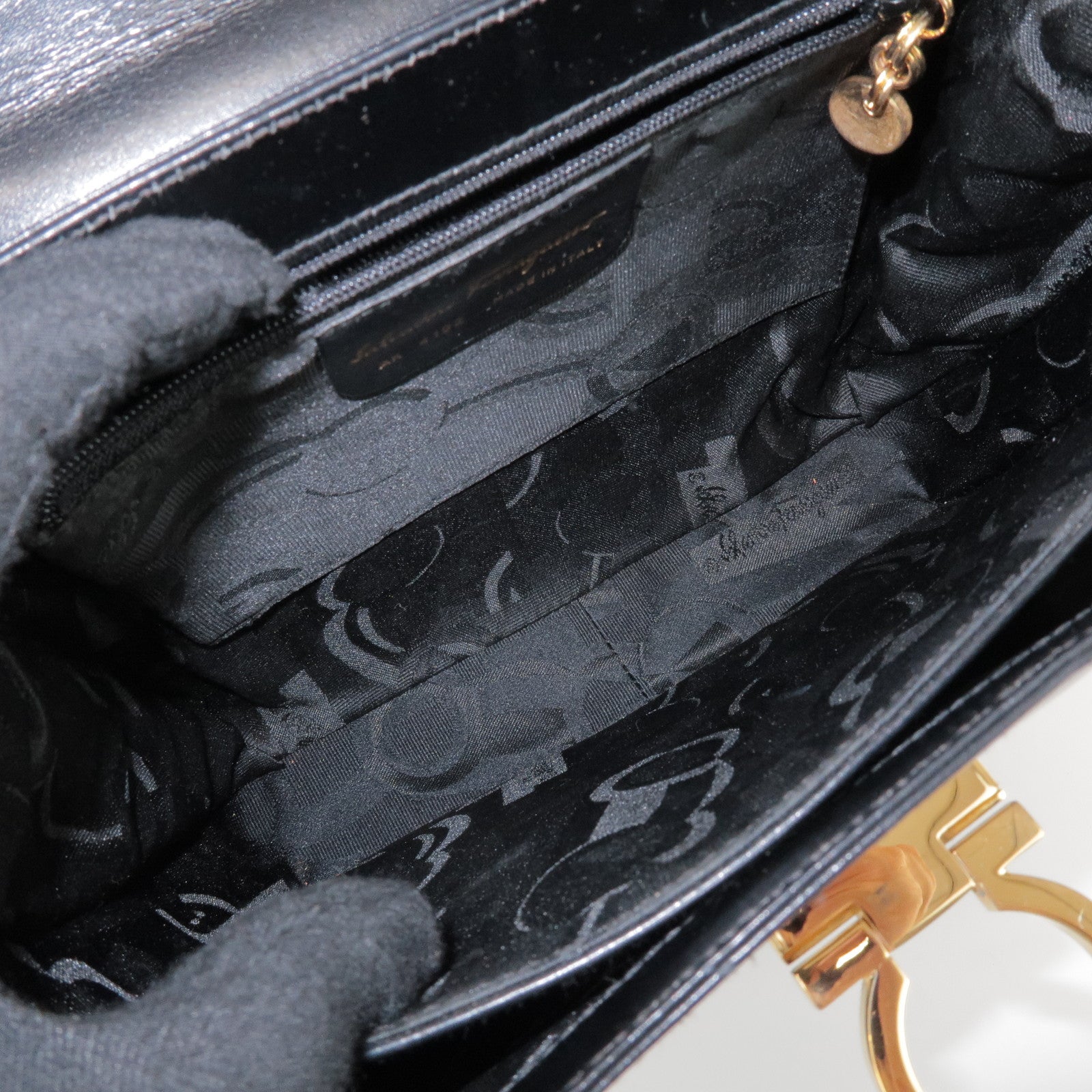 Ferragamo Gancini Calf Leather 2Way Bag Hand Shoulder Bag Black