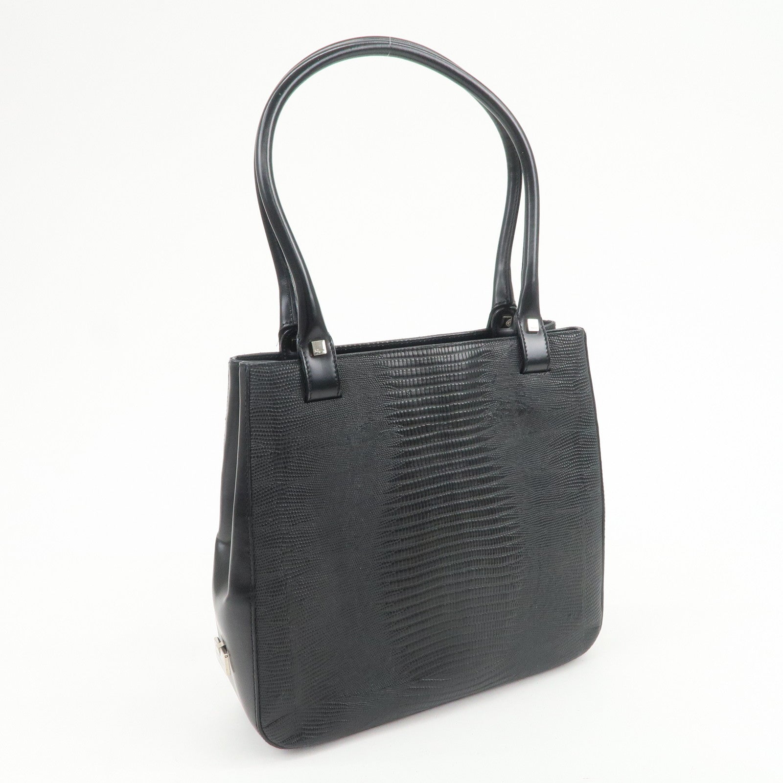 Ferragamo Gancini Embossed Leather Tote Bag Hand Bag Black