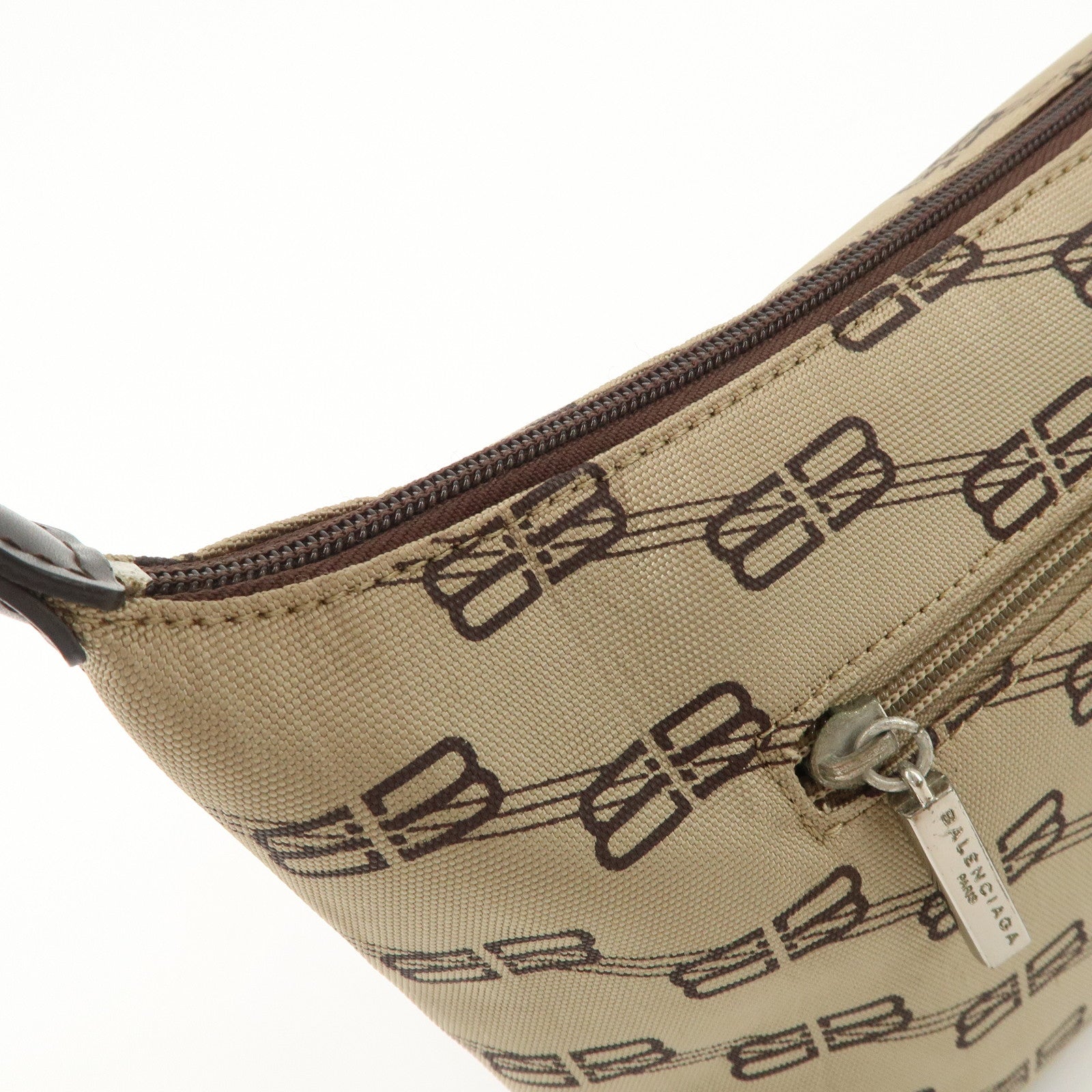 BALENCIAGA Leather Canvas Shoulder Bag Beige Brown