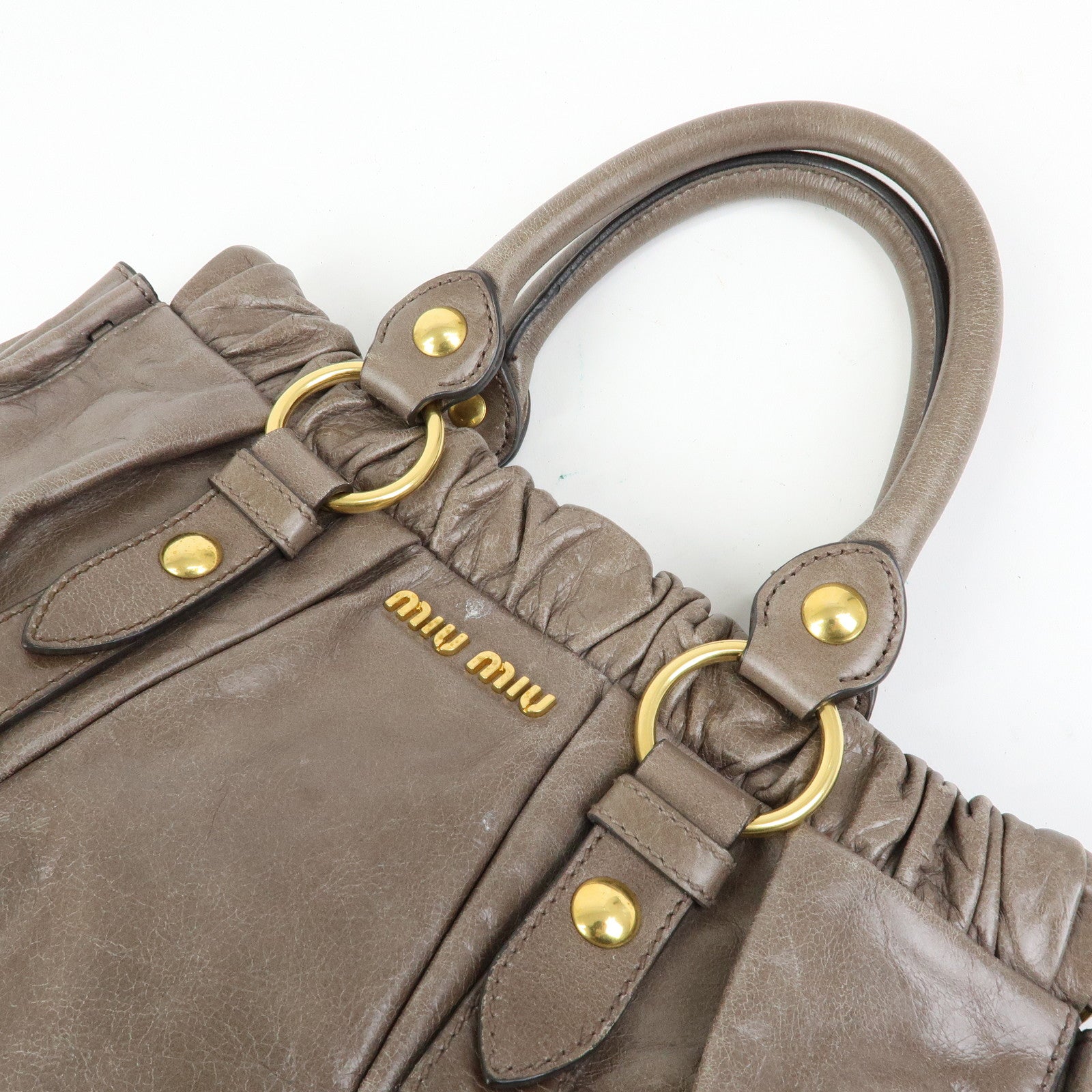MIU MIU Logo Leather Hand Bag Tote Bag Gray Gold