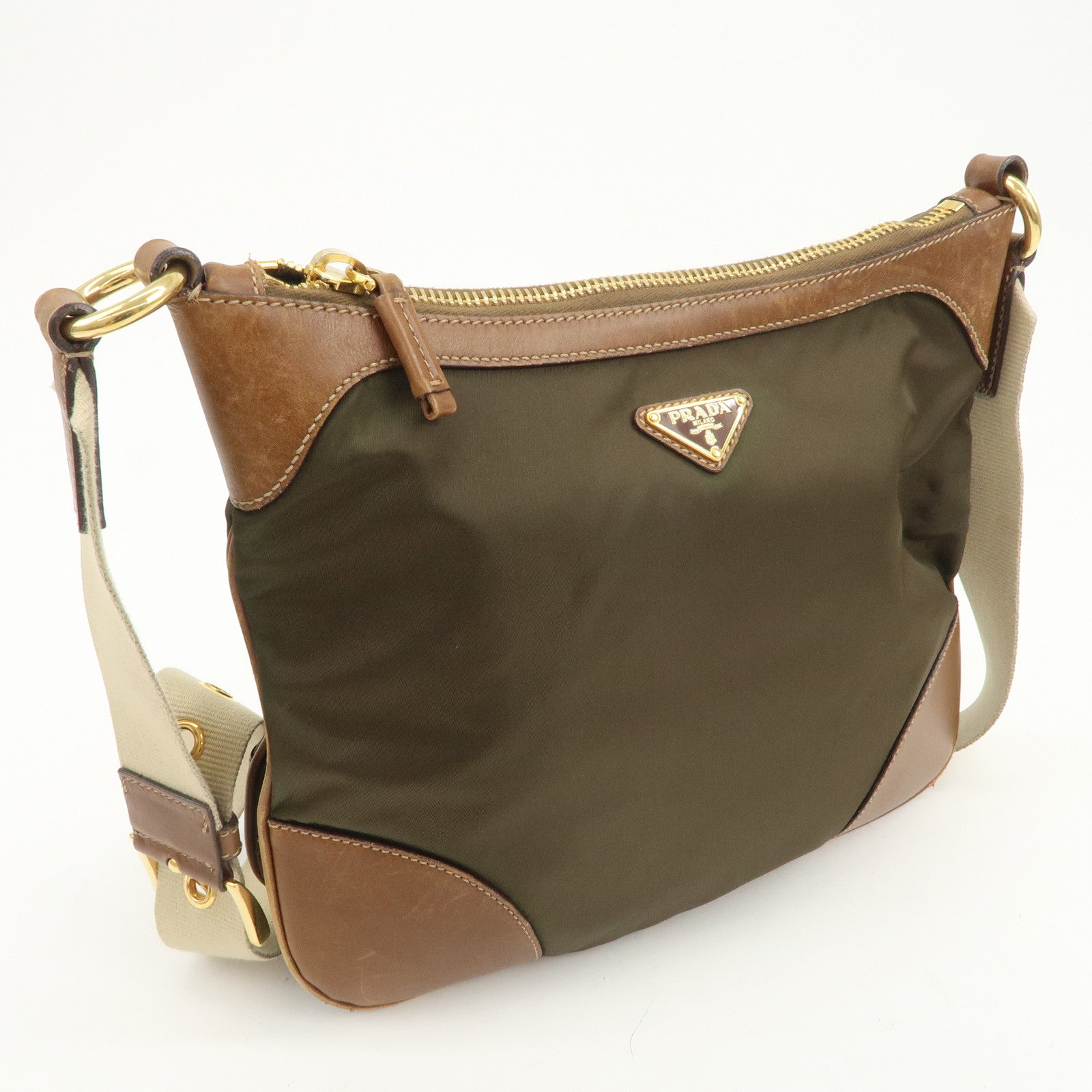 PRADA Triangle Logo Nylon Leather Crossbody Shoulder Bag Khaki