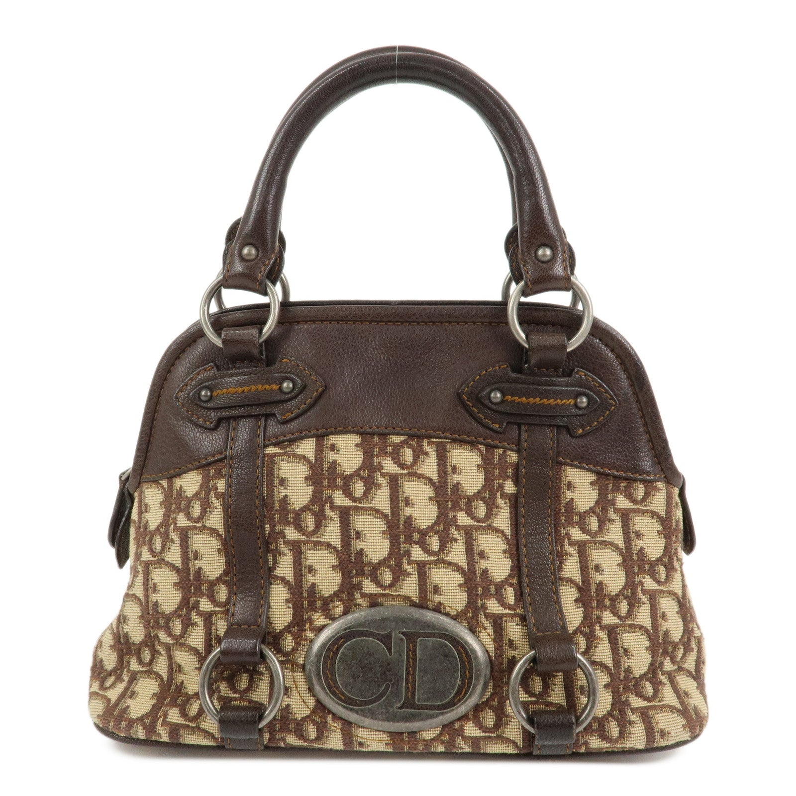 Christian Dior Trotter Canvas Leather Hand Bag Beige Brown