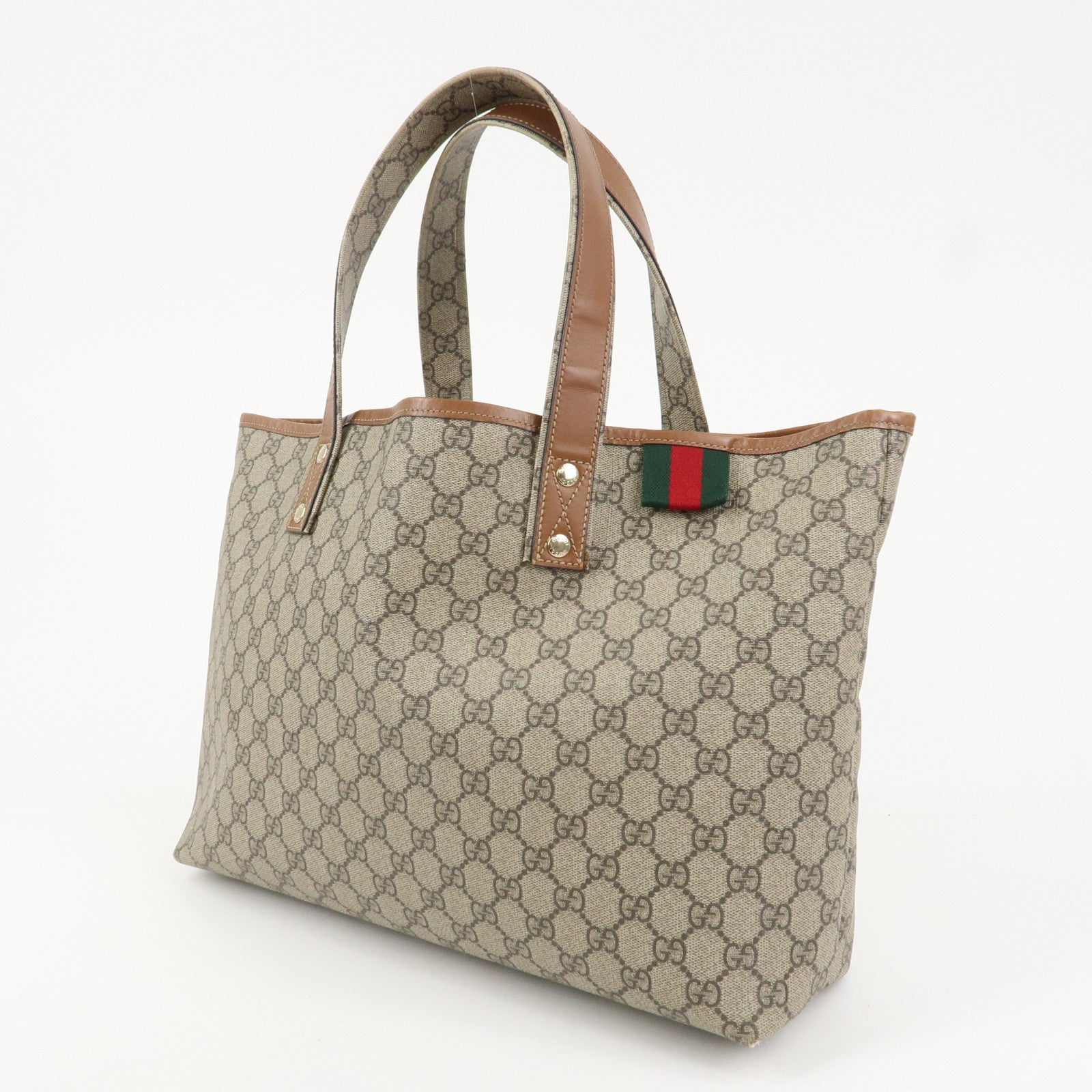 GUCCI GG Supreme Sherry Leather Tote Bag Beige Brown 211134