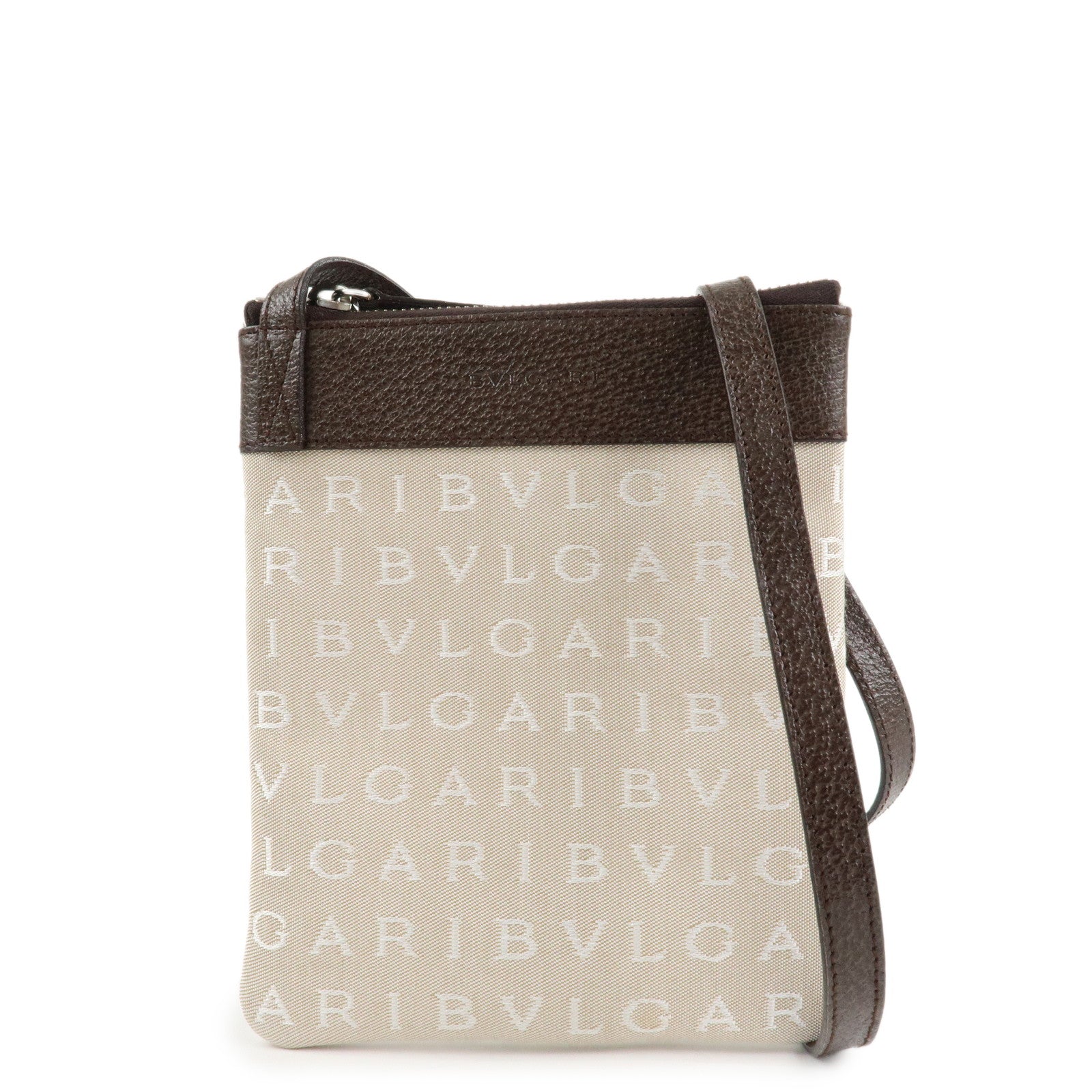 BVLGARI Logo Mania Leather Canvas Shoulder Bag Beige Dark Brown Used