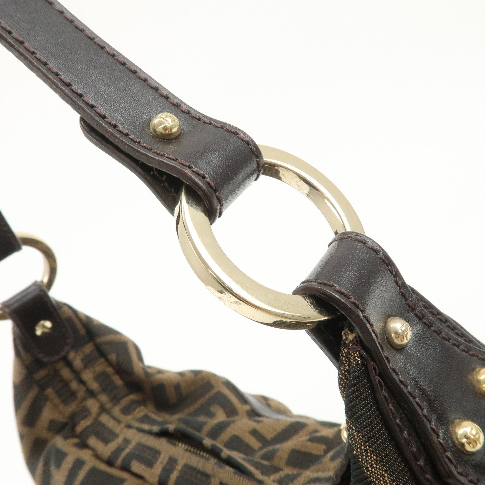 FENDI Zucca Canvas Leather Shoulder Bag Hand Bag Black Brown 8BR448