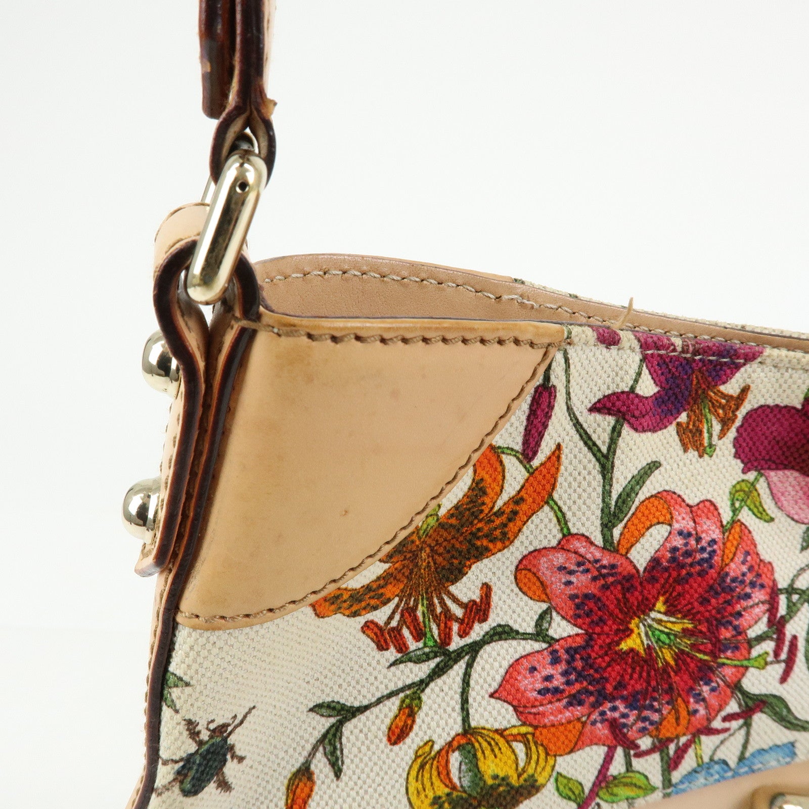 GUCCI Horsebit Flora Leather Canvas Shoulder Bag Beige White 137388