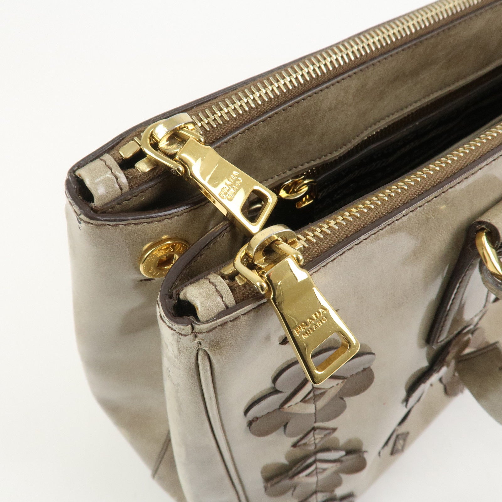 PRADA Patent Leather Flower Galleria 2Way Tote Bag Greige BB2274F