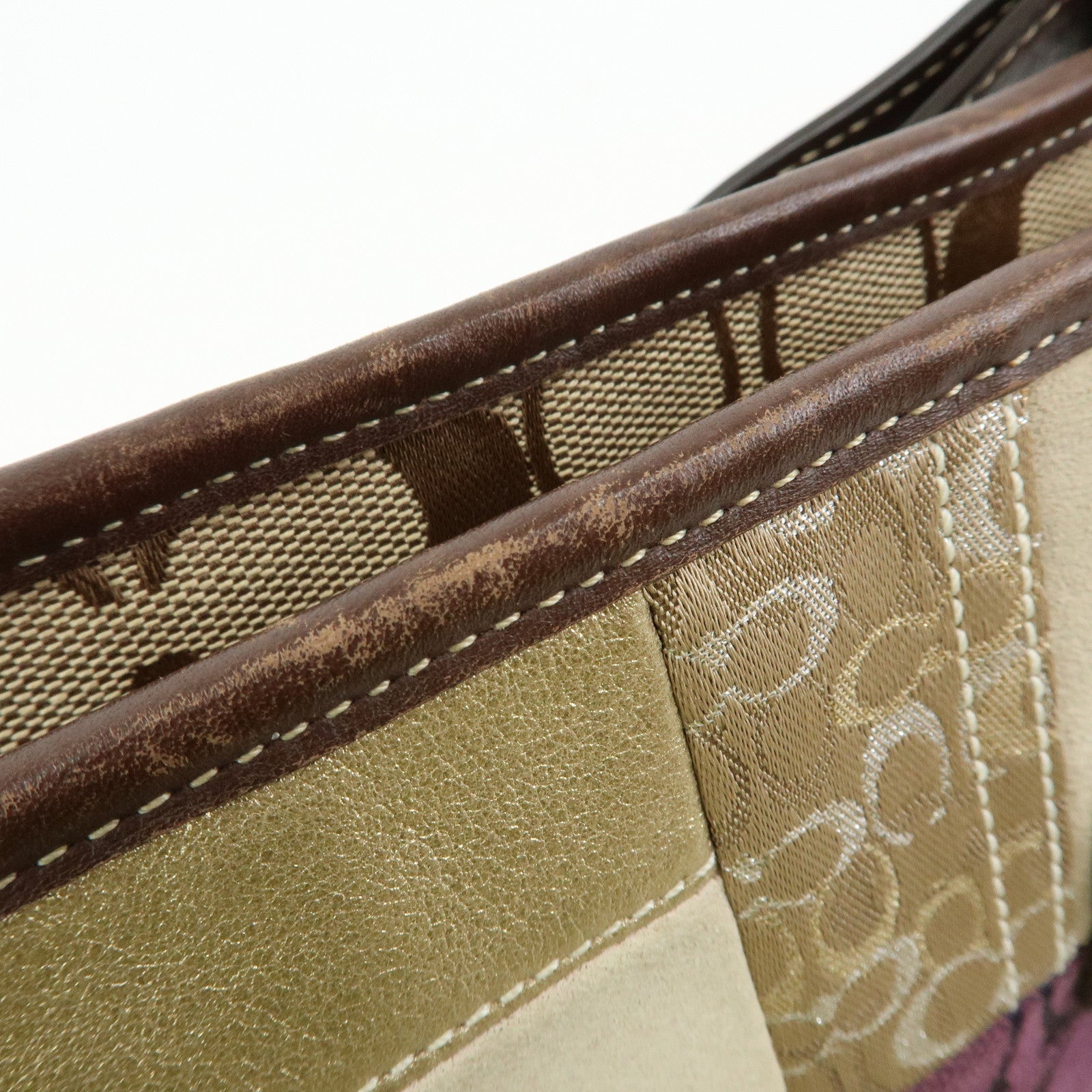 COACH Signature Suede Patent Leather Shoulder Bag Brown Patchwork