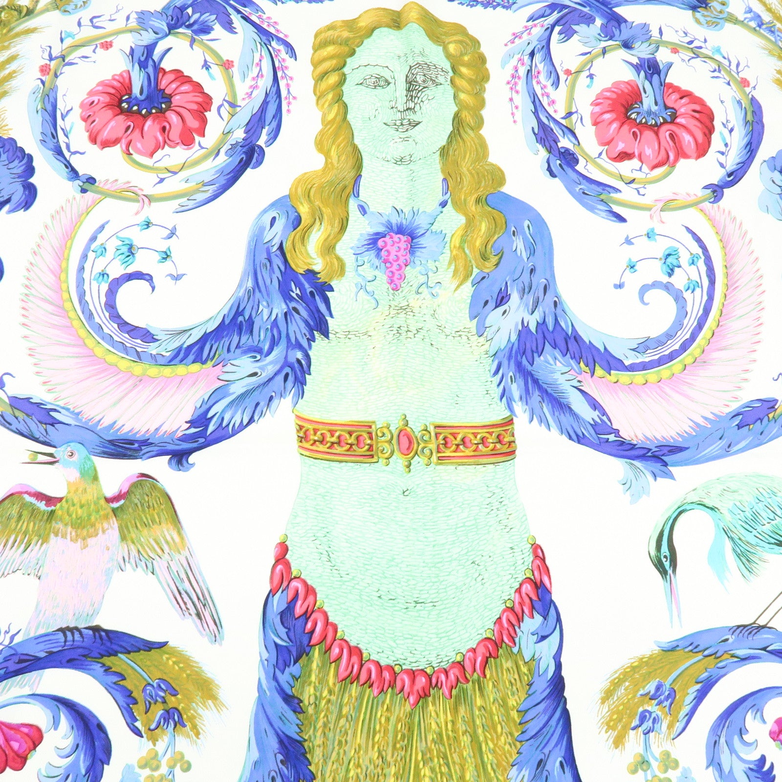 HERMES Carre 90 Silk 100% Scarf CERES White Blue Navy