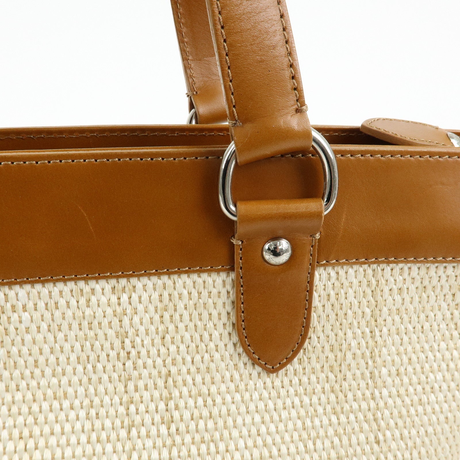 BURBERRY Straw Canvas Leather Tote Bag Shoulder Bag Natural Brown