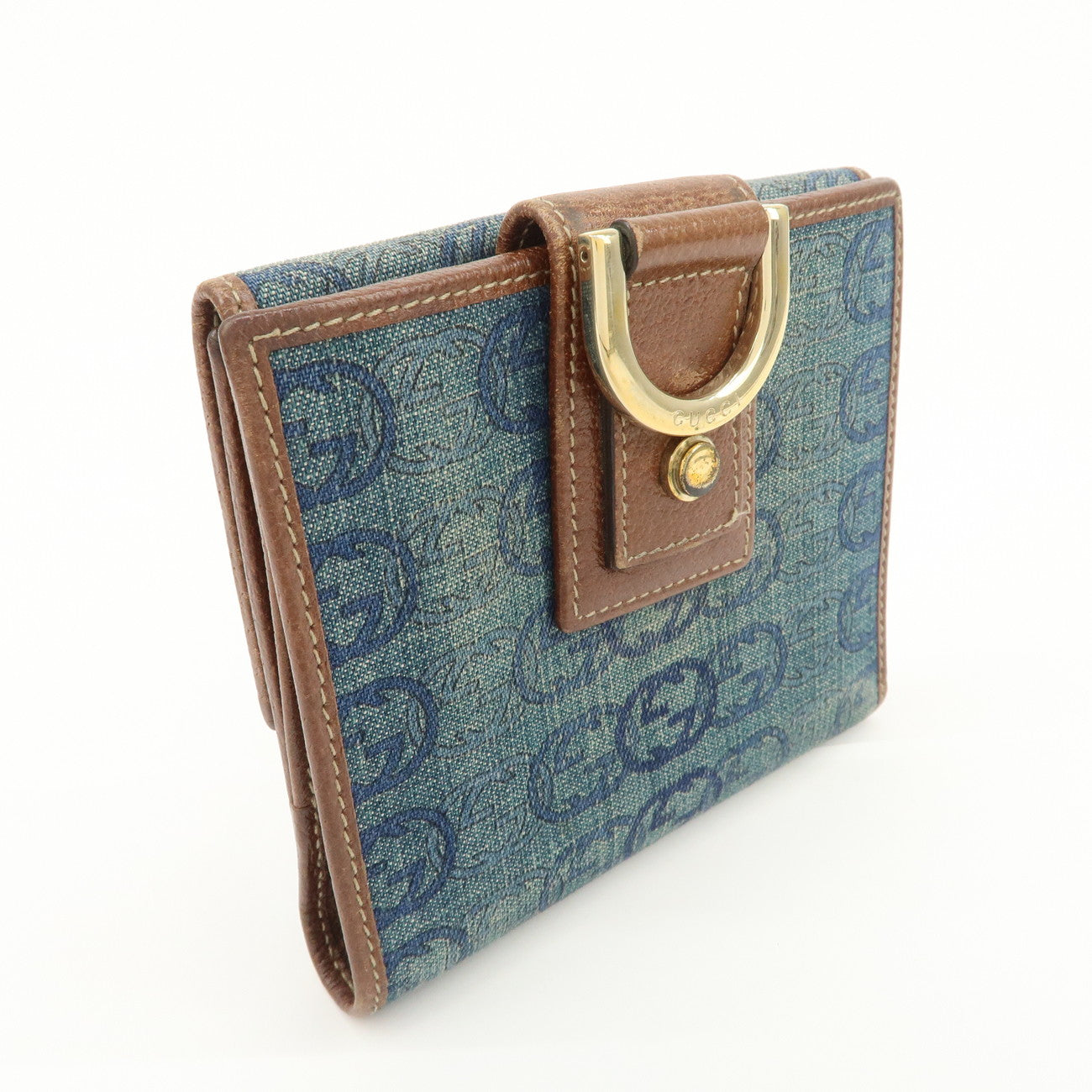 GUCCI Denim Leather Bi-Fold Compact Wallet Blue Brown