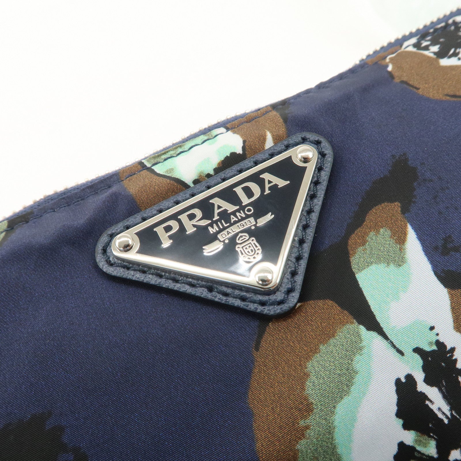 PRADA Triangle Logo Nylon Tote Bag w/Pouch Flower Print Navy B4626B Used